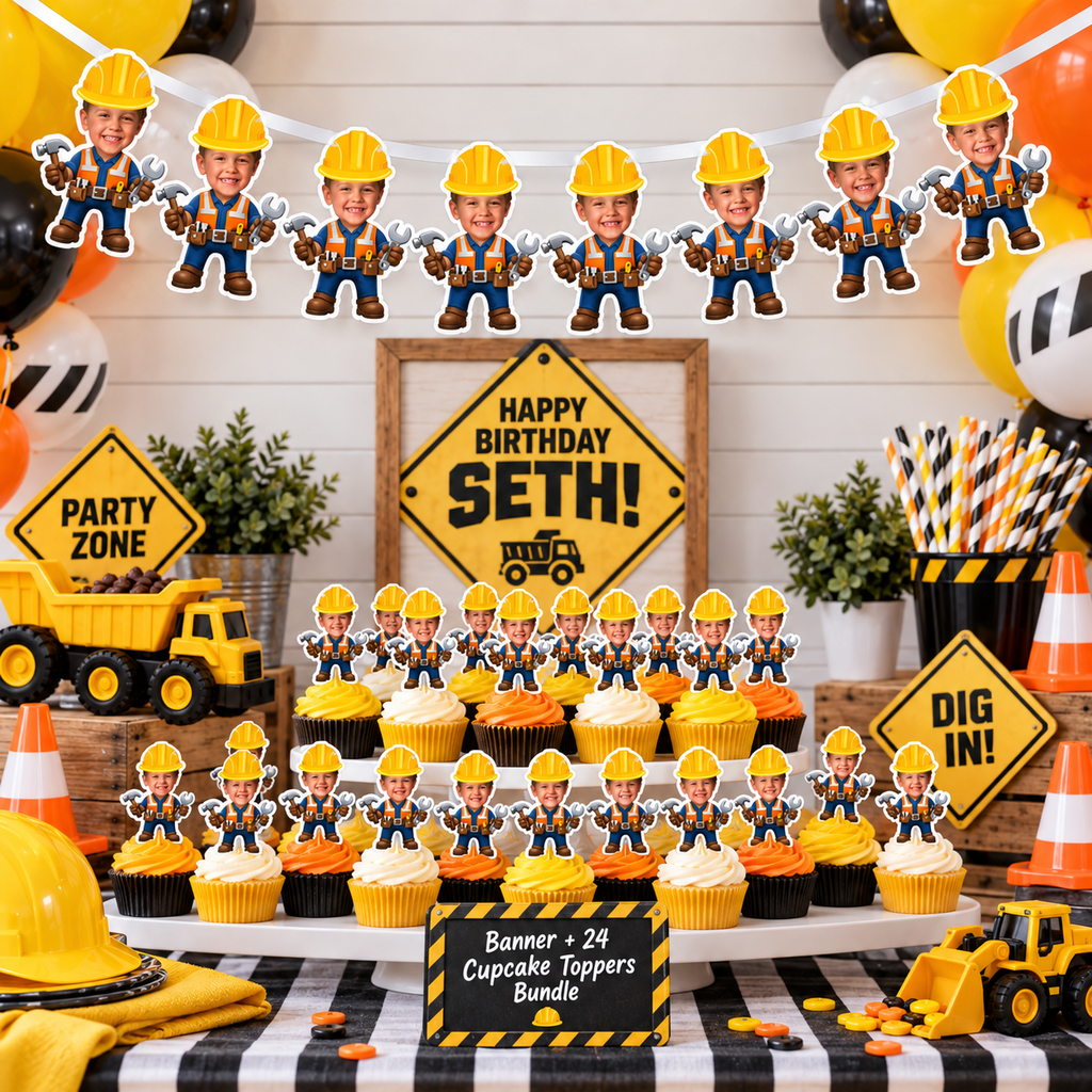 Construction birthday dessert table with personalized 8 panel banner and 24 matching photo cupcake toppers