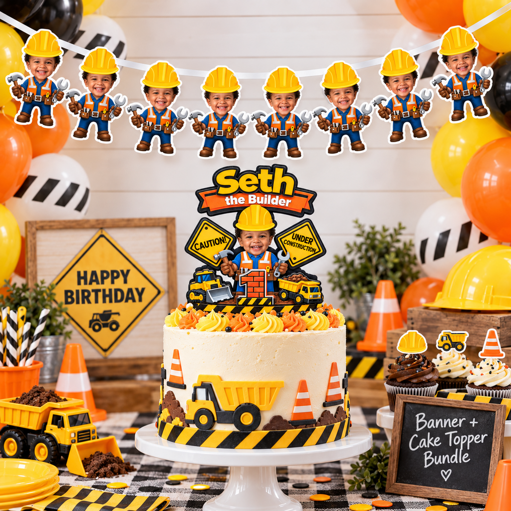 Personalized construction birthday photo banner displayed with matching builder cake topper construction vehicles balloons and party decorations