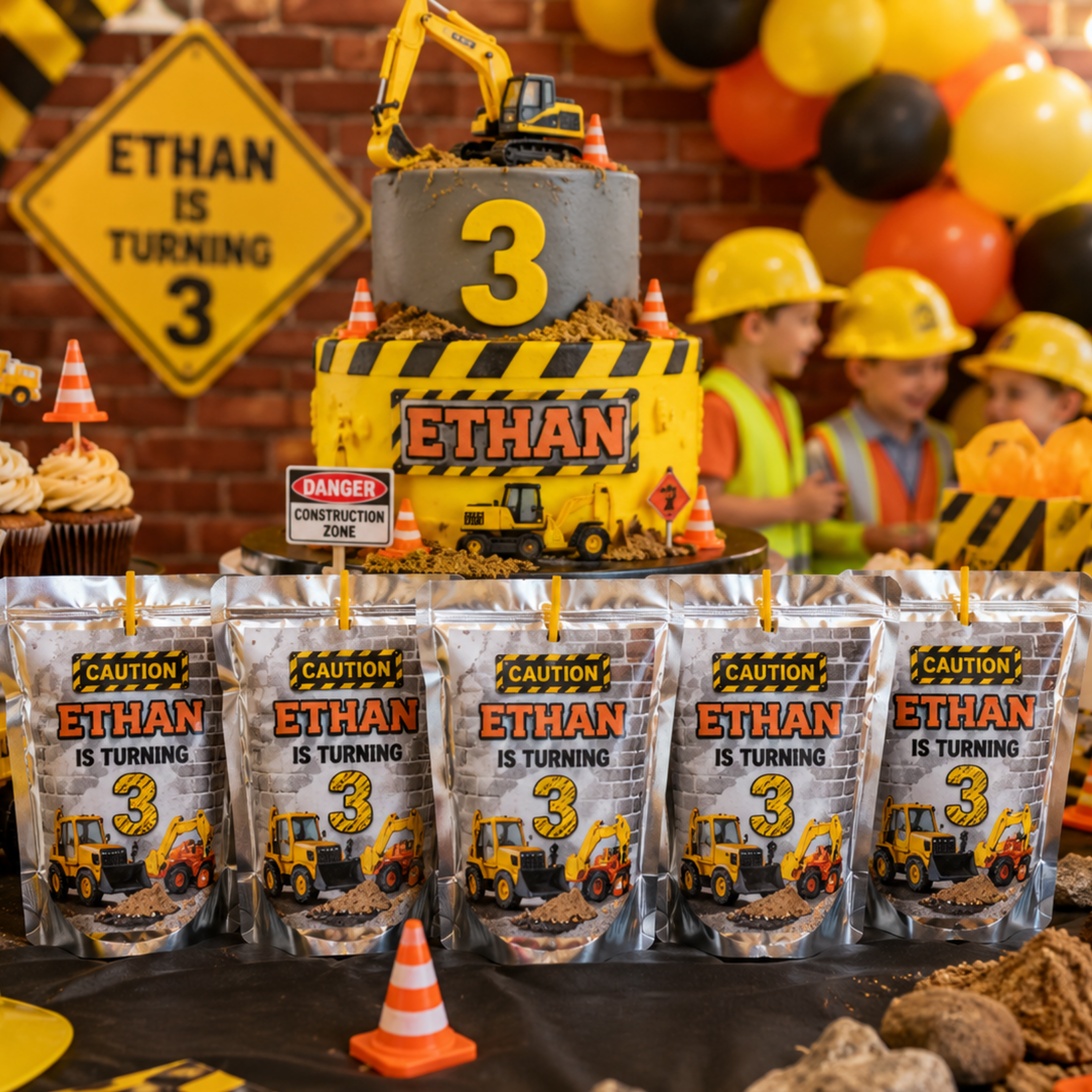 Personalized construction birthday juice pouch labels featuring excavators dump trucks caution signs and custom construction themed birthday party favors.