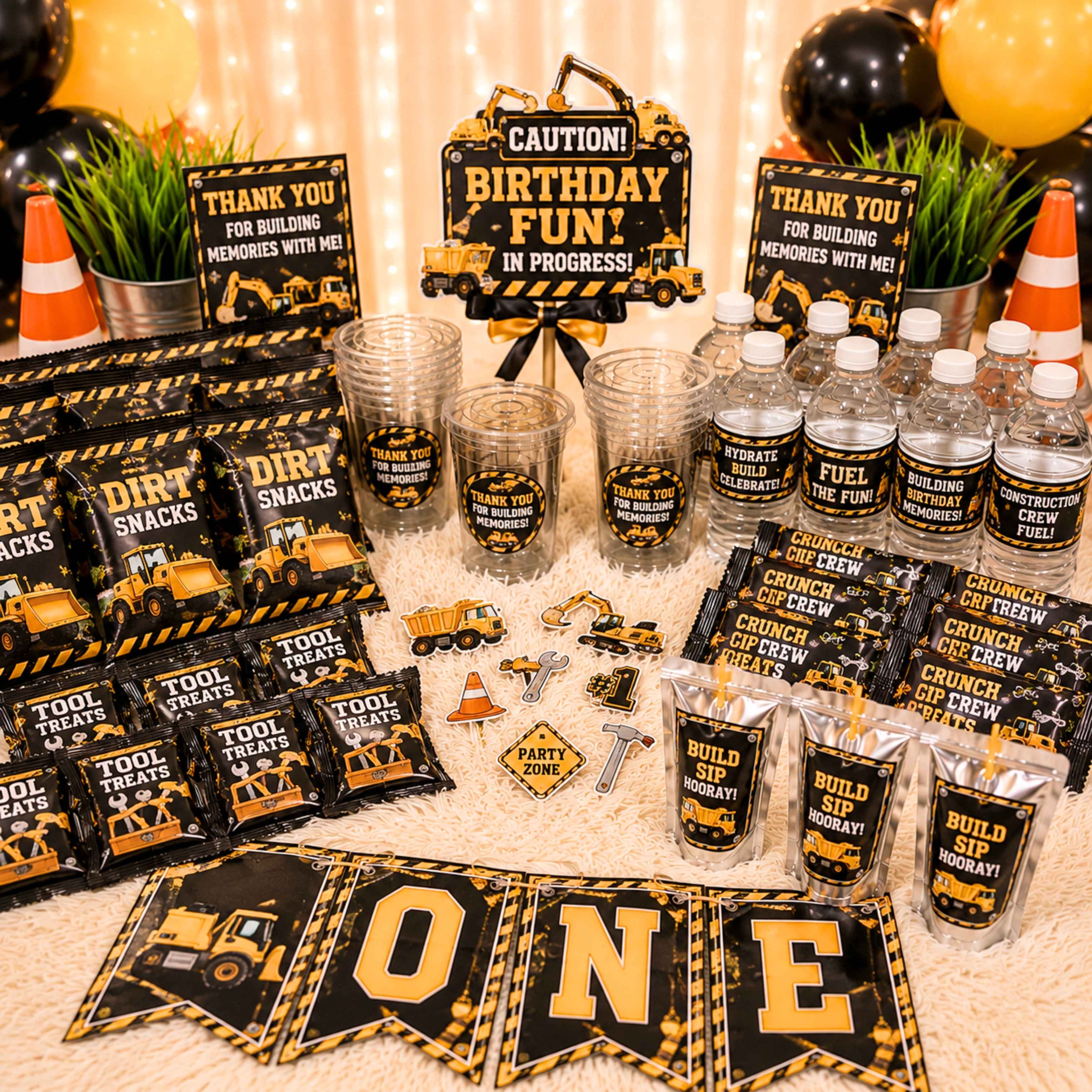 Custom construction birthday party favor bundle featuring personalized chip bags, water bottle labels, juice pouch labels, rice krispie treat wrappers, party cups, birthday banner, custom cake topper, cupcake toppers, stickers, dump truck birthday decorations, construction themed party supplies, and builder birthday party favors for boys