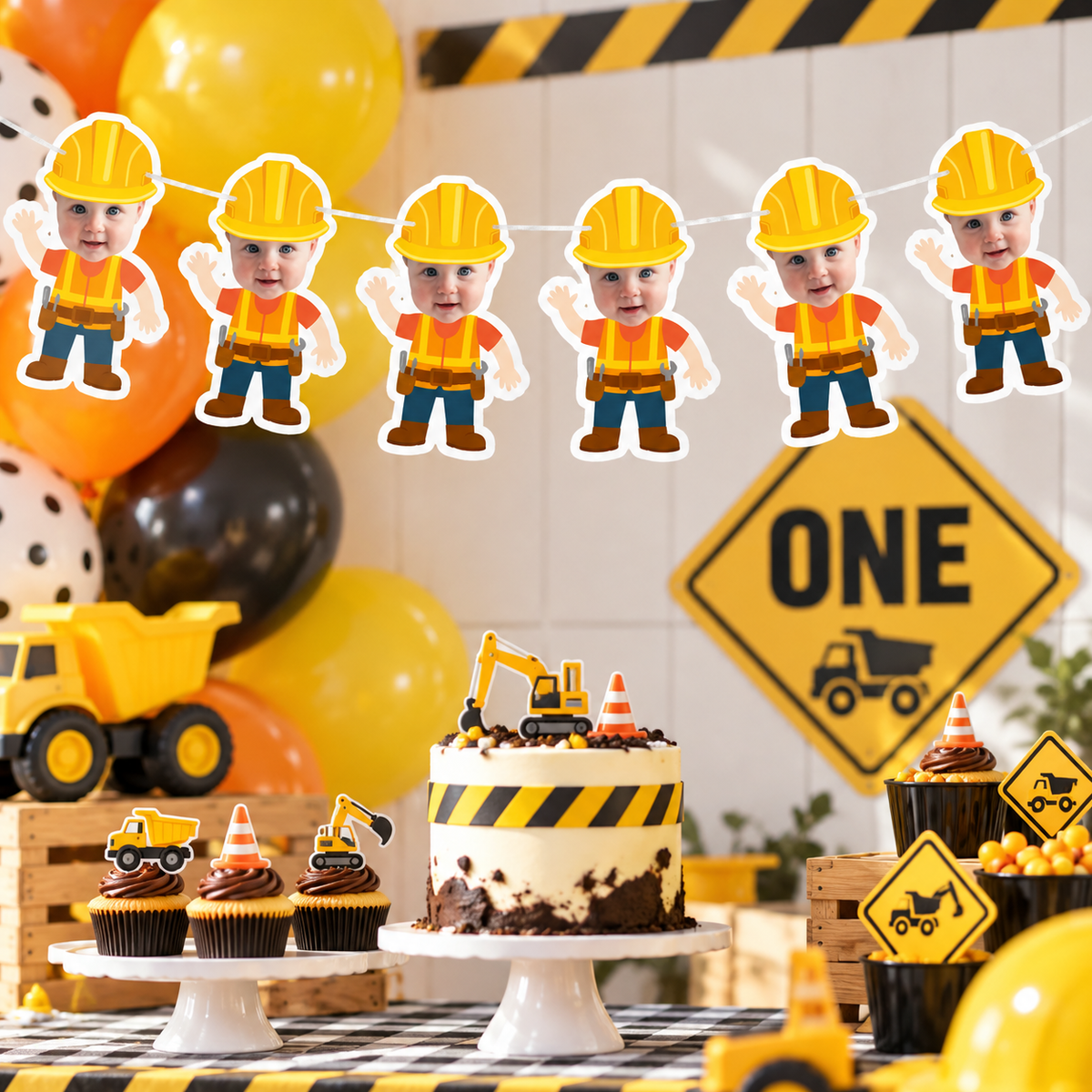 Personalized construction birthday banner featuring five child photo builder characters wearing yellow hard hats and safety vests displayed above a construction themed dessert table