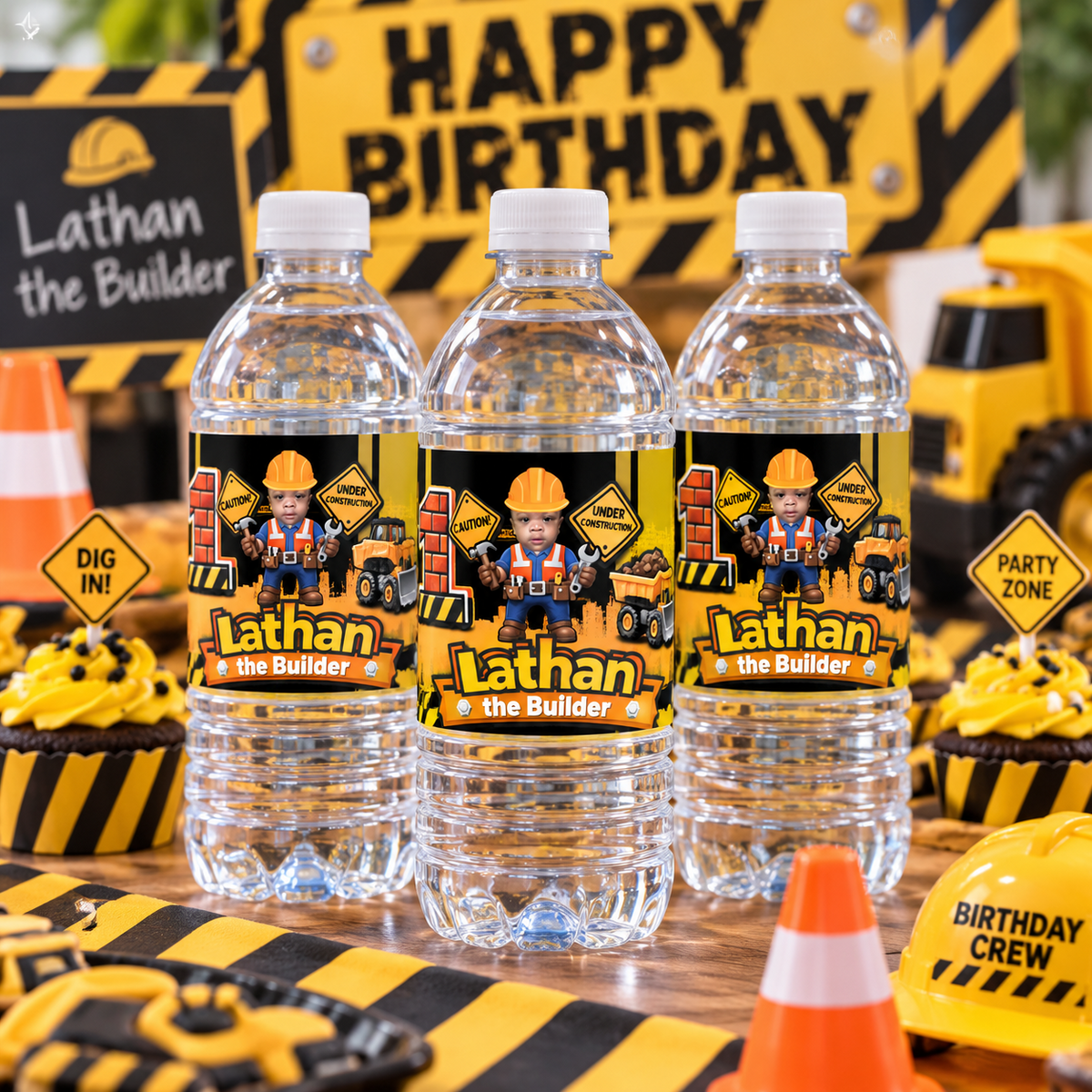 Three personalized construction birthday water bottles displayed with cupcakes traffic cones construction signs and matching party decorations