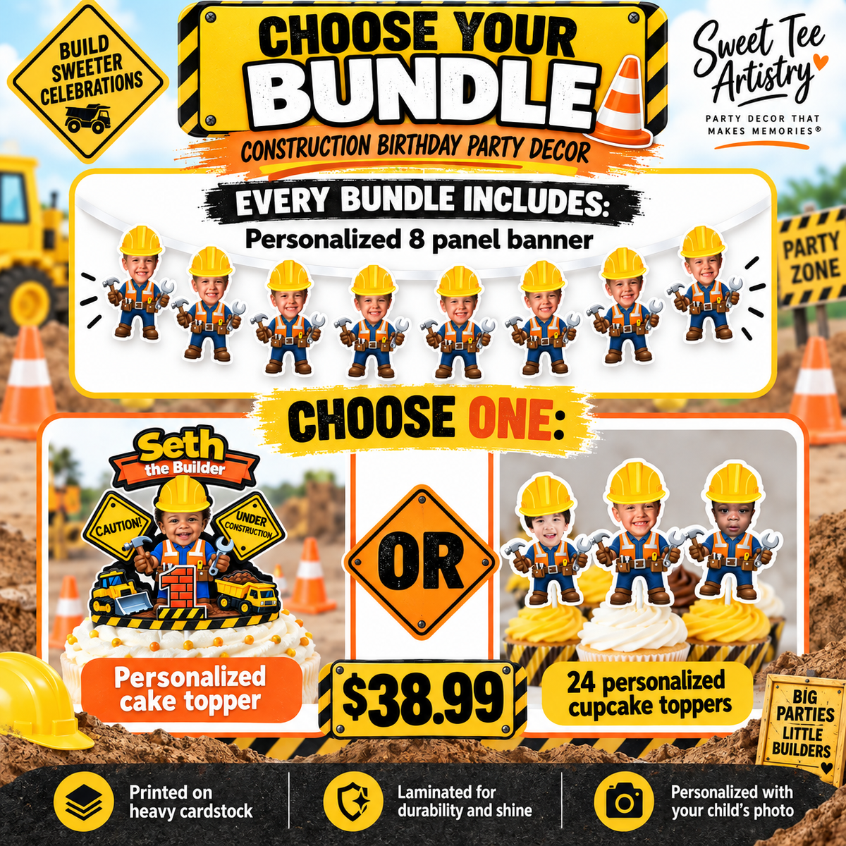 Construction birthday bundle details showing personalized 8 panel banner plus choice of cake topper or 24 personalized cupcake toppers