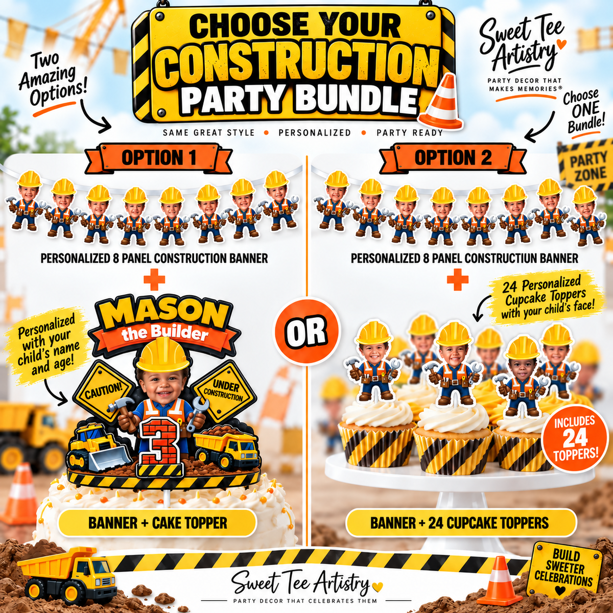 Construction birthday party bundle showing personalized 8 panel photo banner with a choice of layered cake topper or 24 photo cupcake toppers