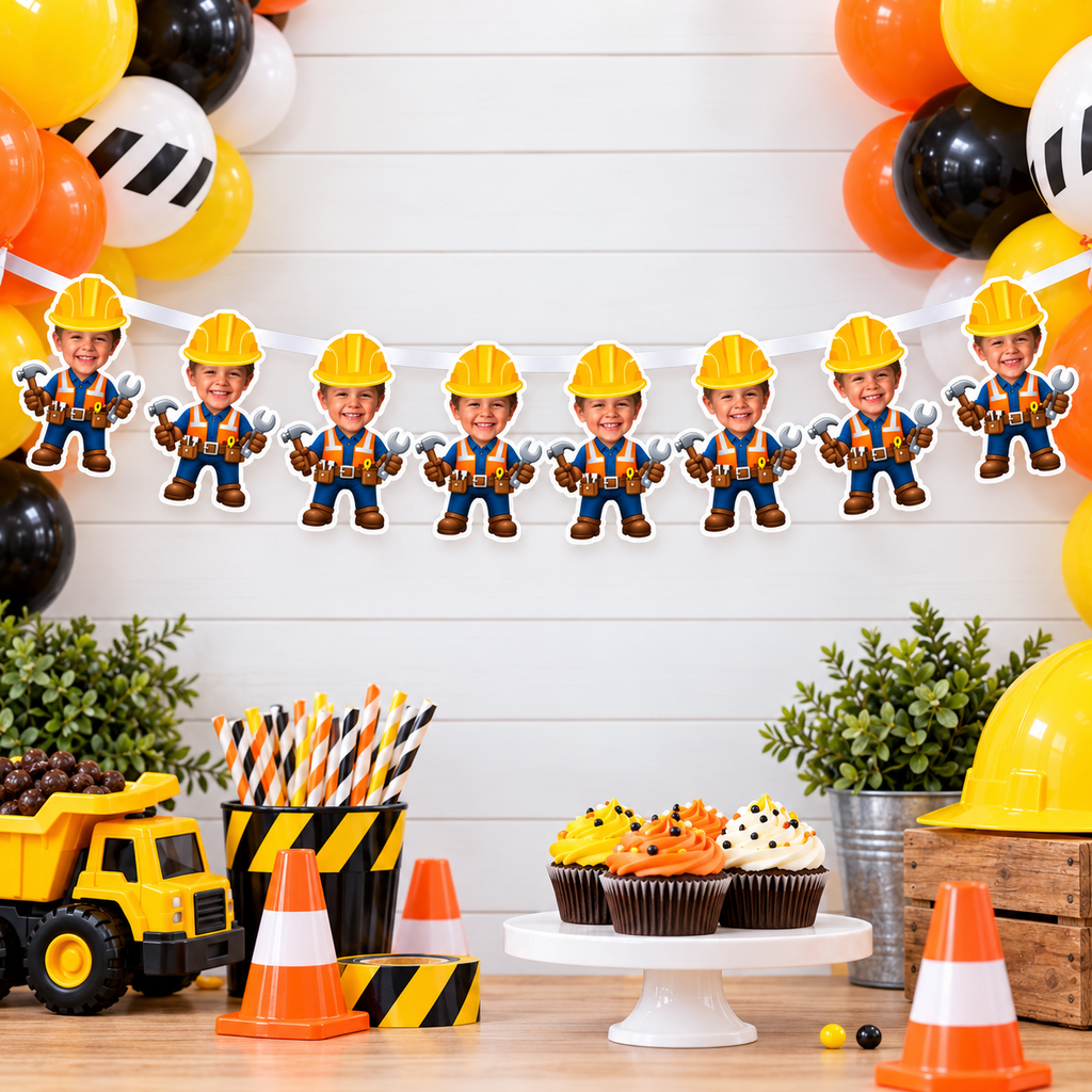 Personalized construction photo banner displayed above a construction birthday cake table with yellow orange and black balloons dump trucks cupcakes traffic cones and builder party decorations