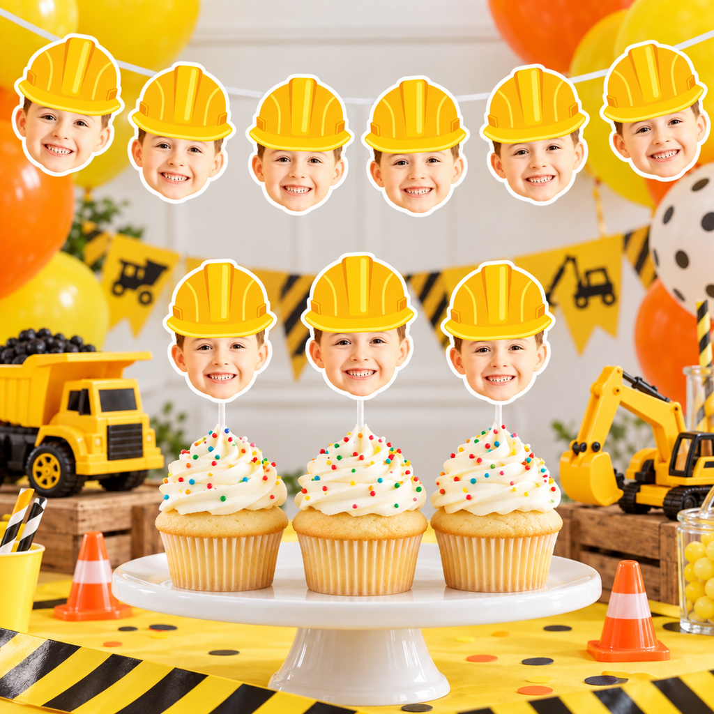 Personalized construction photo cupcake toppers and matching face banner featuring yellow hard hats with dump trucks excavators and construction birthday party decorations