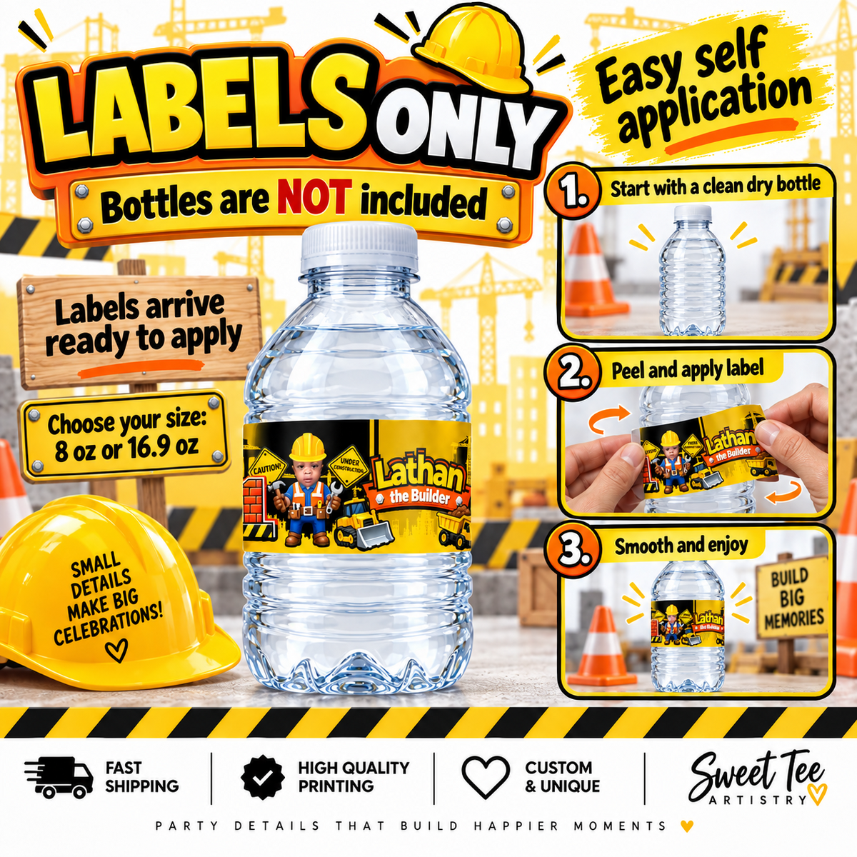 Application instructions for personalized construction water bottle labels showing how to prepare the bottle apply the label and smooth it in place
