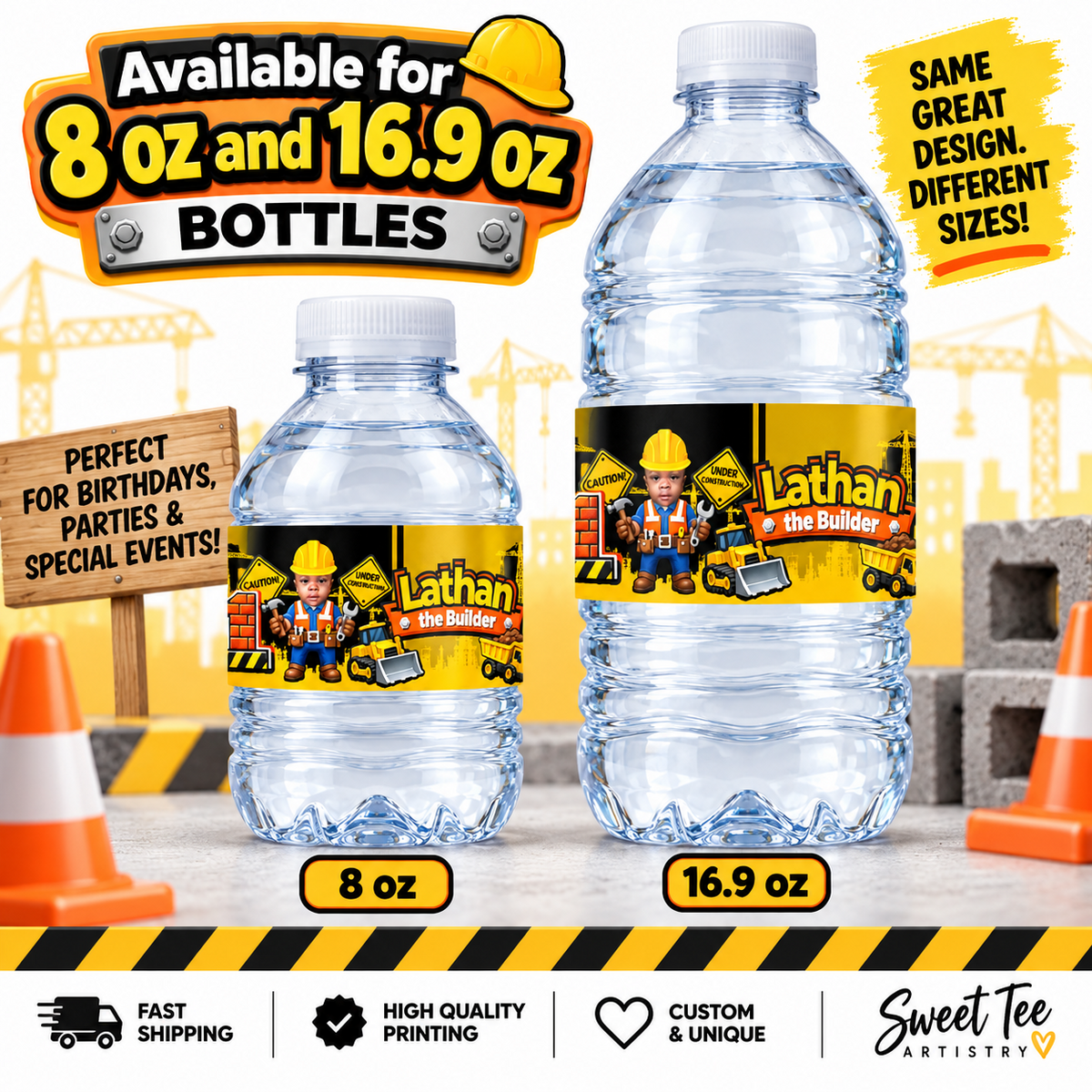 Personalized construction water bottle labels shown on 8 ounce and 16.9 ounce bottles with two available size options