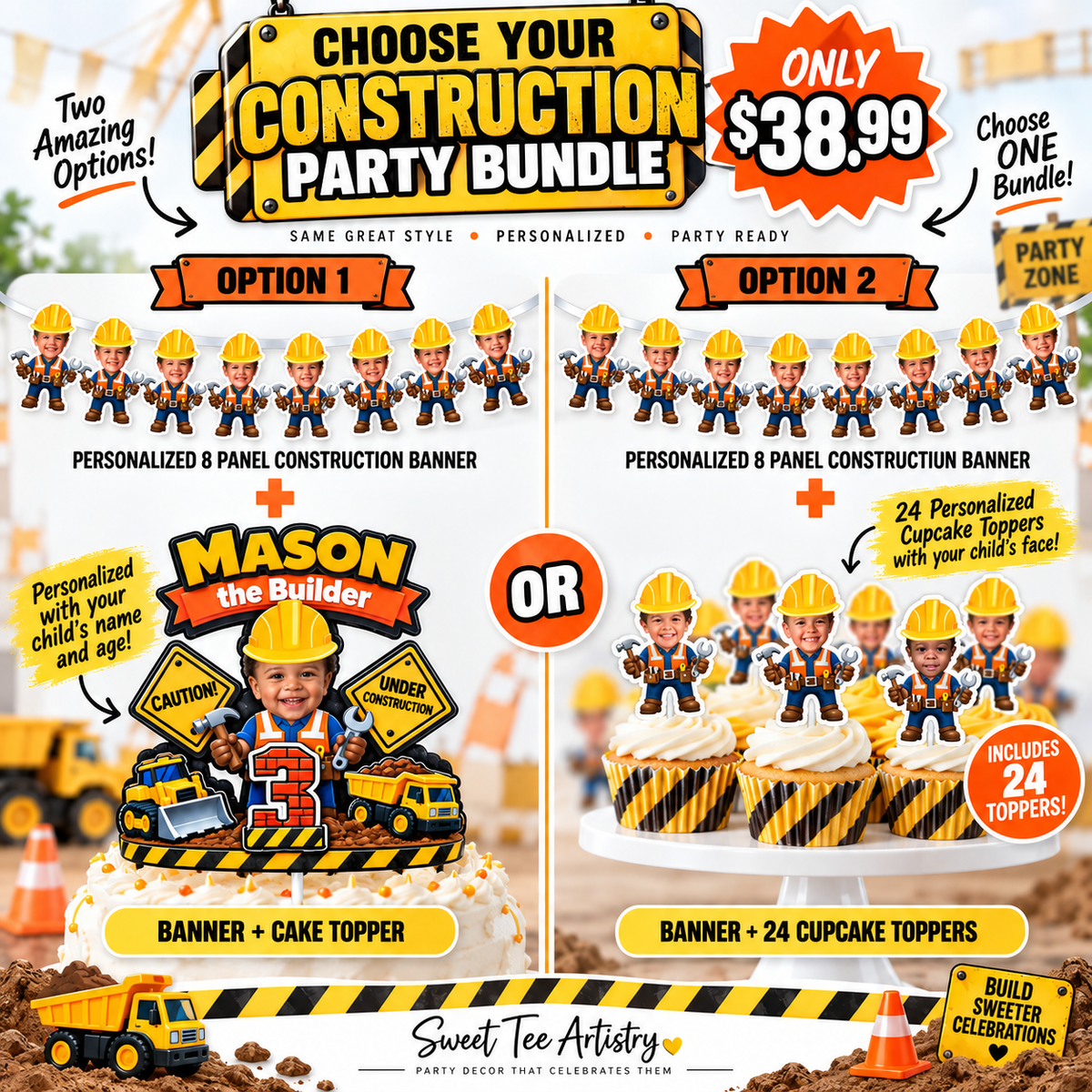 Construction birthday party bundle showing personalized 8 panel photo banner with a choice of layered cake topper or 24 photo cupcake toppers