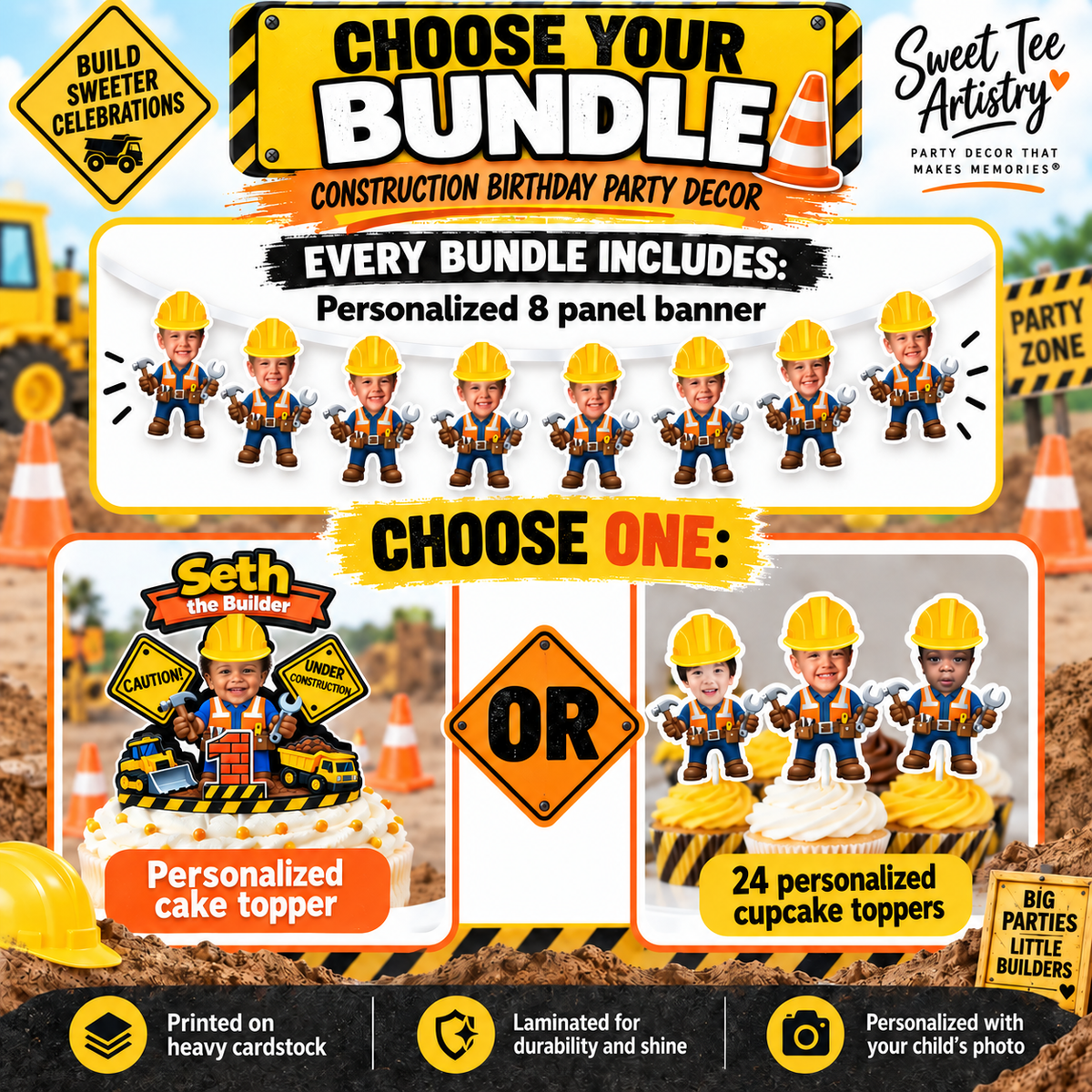 Construction birthday bundle details showing personalized 8 panel banner plus choice of cake topper or 24 personalized cupcake toppers
