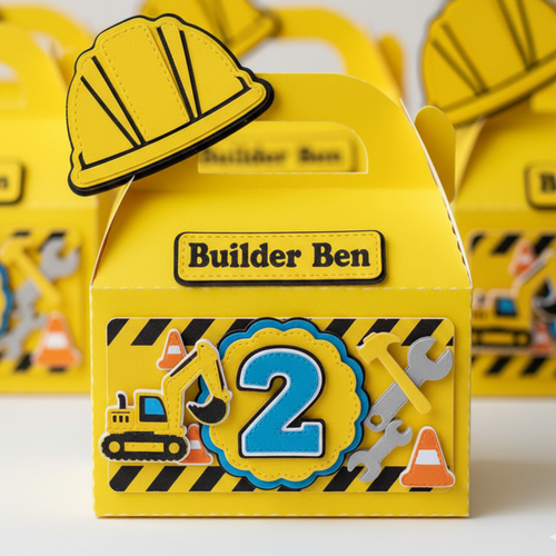 Yellow construction-themed gift box with 'Builder Ben' and number '2' design on a white background