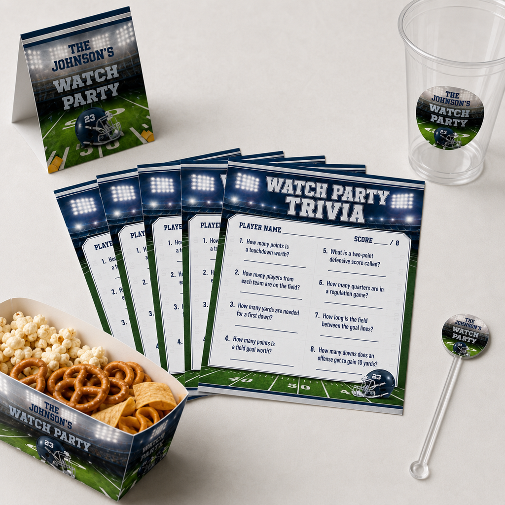 Six football trivia cards arranged with a personalized cup food tray table tent and drink stir stick.