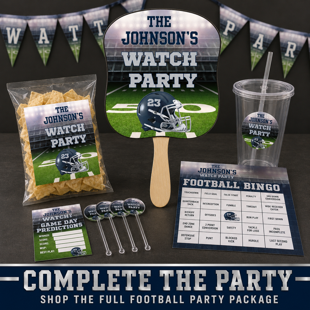 Personalized football rally fan with coordinating chip bag drink cup stir sticks game cards and watch party banner