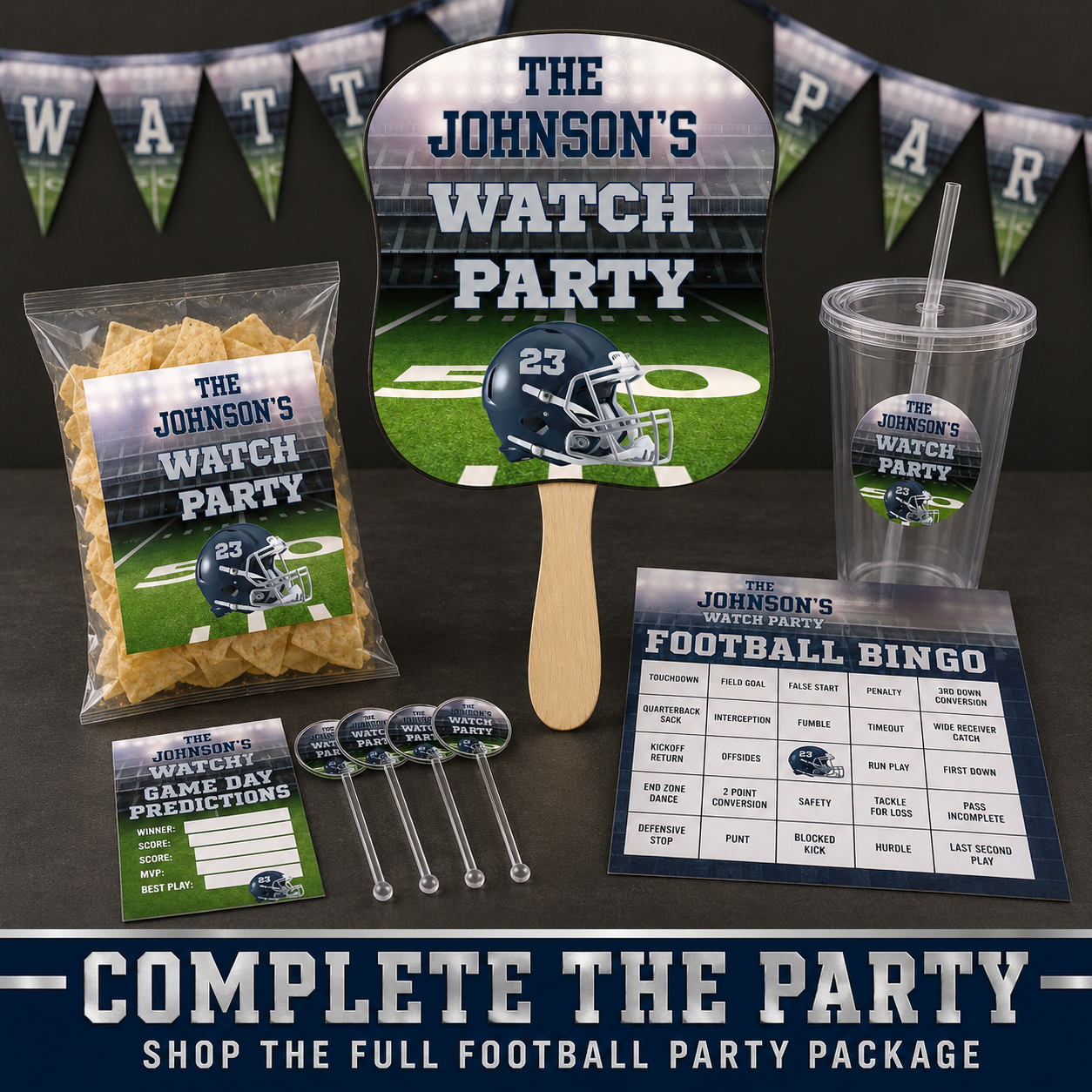 Personalized football rally fan with coordinating chip bag drink cup stir sticks game cards and watch party banner