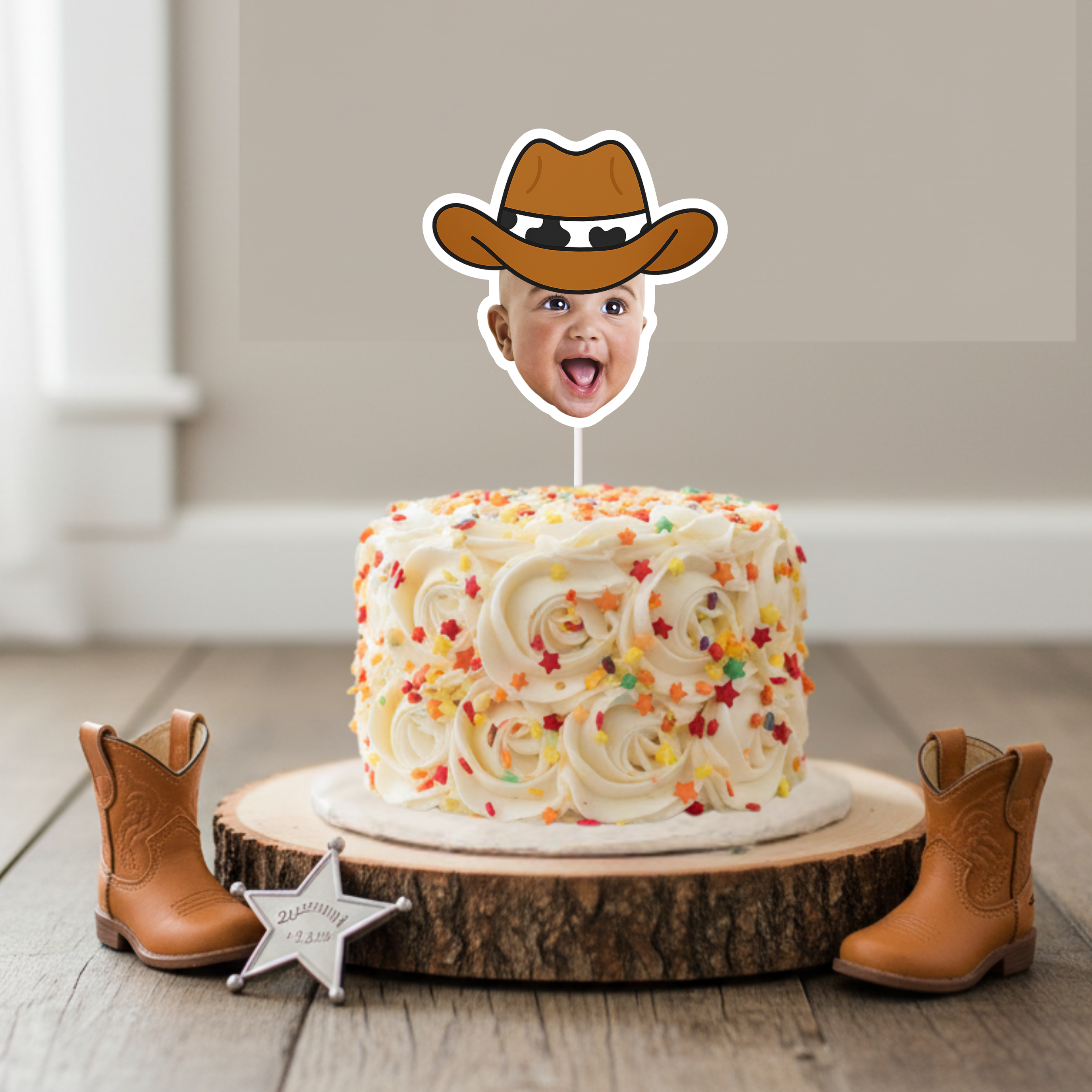 Personalized cowboy baby face cake topper displayed on buttercream smash cake with colorful star sprinkles, styled with mini cowboy boots and sheriff badge on rustic wood base. Perfect for cowboy first birthday photos, rodeo themed celebrations, wild west baby parties, and country western milestone décor. Custom baby photo cake decoration.
