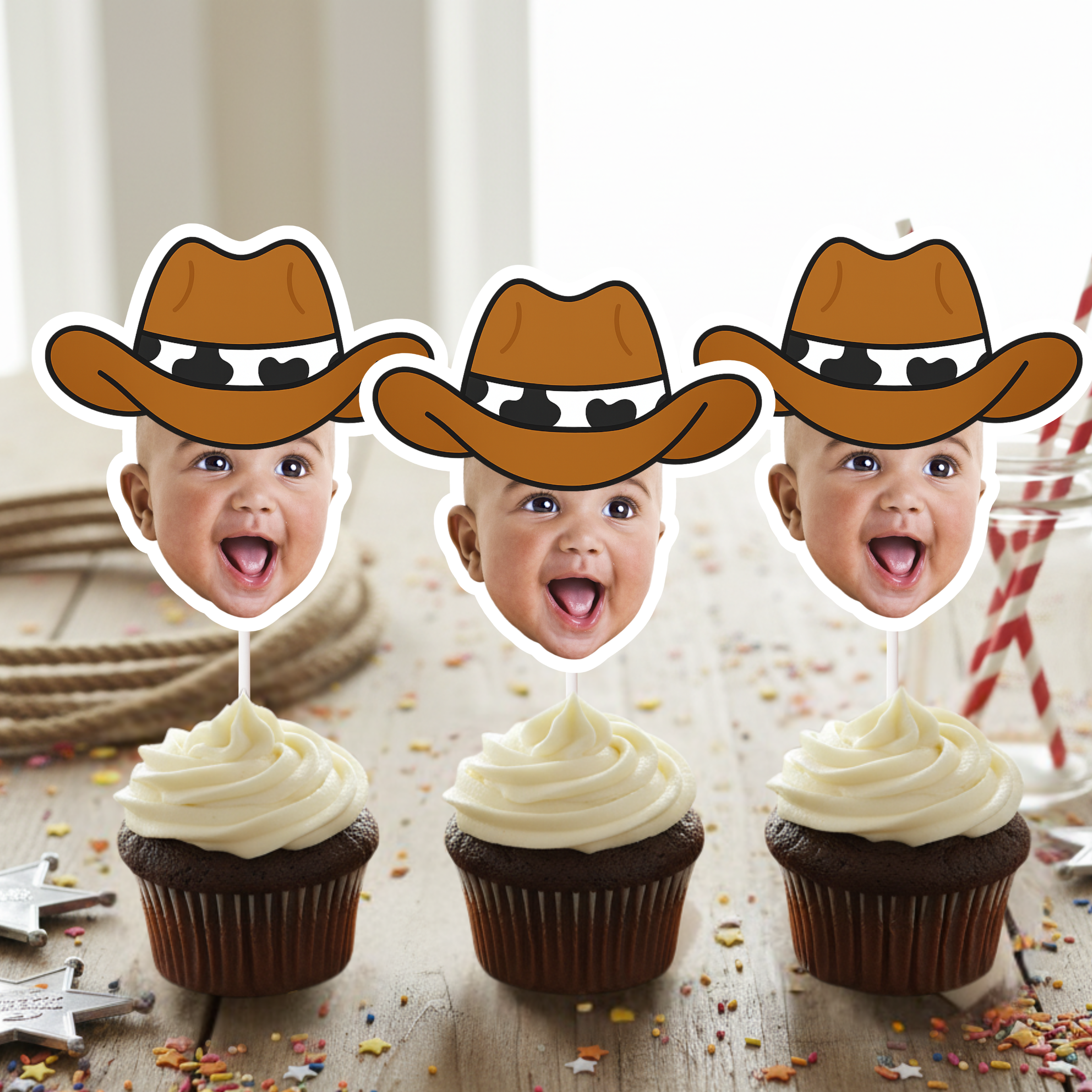 Three personalized cowboy baby face cupcake toppers displayed on frosted cupcakes with rope, sheriff star, and colorful confetti accents on rustic wooden table. Perfect for cowboy themed first birthdays, rodeo baby celebrations, and western dessert table décor. Custom child photo cupcake picks with cowboy hat styling.