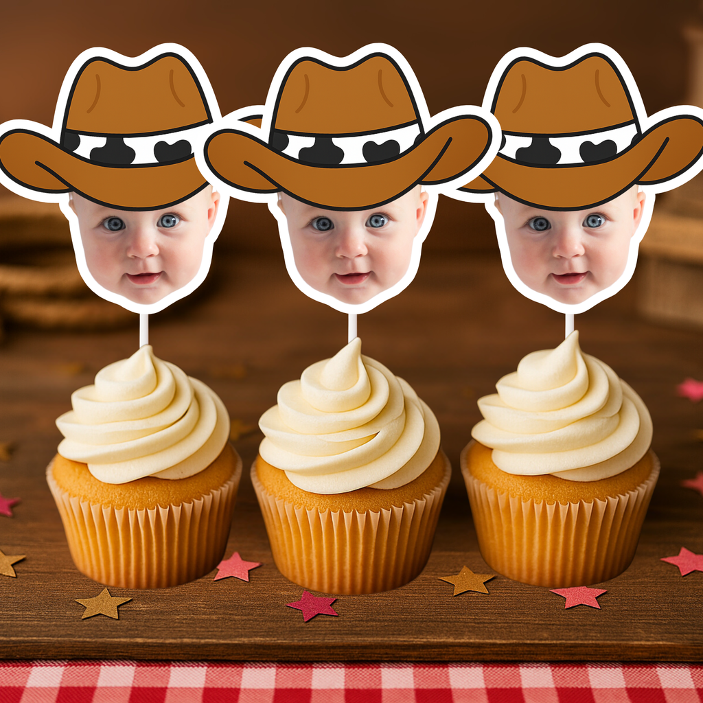 Three personalized cowboy baby face cupcake toppers on vanilla cupcakes styled on rustic wooden table with star confetti and red gingham accent. Ideal for wild west birthday parties, cowboy first birthday celebrations, and country western themed dessert displays. Custom baby photo cupcake decorations.