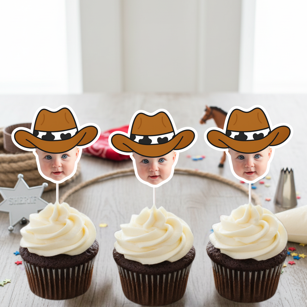 Set of three personalized cowboy baby face cupcake toppers mounted on chocolate cupcakes with white frosting, styled with rope and western party décor accents. Perfect for wild west birthdays, rodeo themed baby showers, cowboy first birthday celebrations, and country dessert tables. Custom photo cupcake decorations featuring child’s face with cowboy hat.
