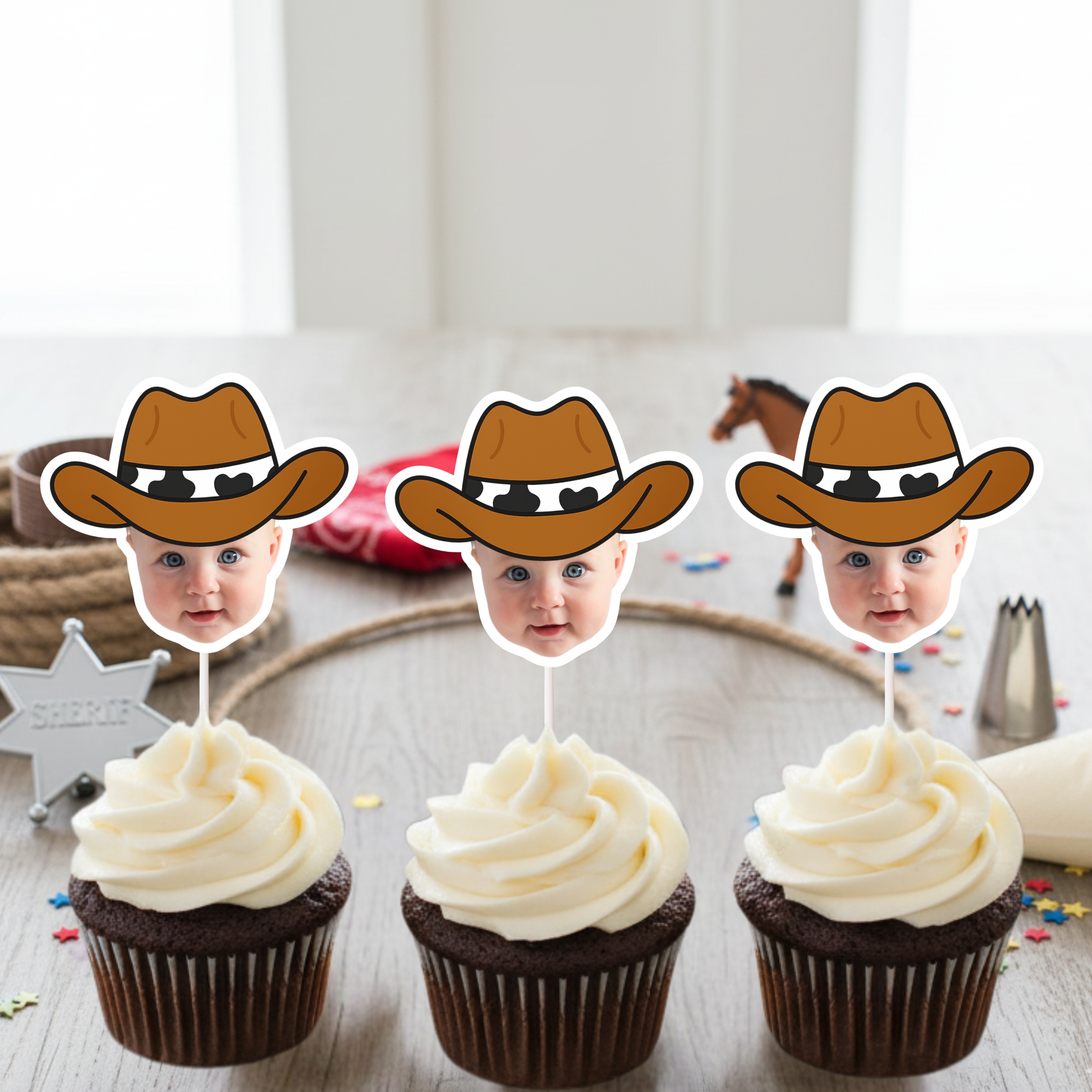 Set of three personalized cowboy baby face cupcake toppers mounted on chocolate cupcakes with white frosting, styled with rope and western party décor accents. Perfect for wild west birthdays, rodeo themed baby showers, cowboy first birthday celebrations, and country dessert tables. Custom photo cupcake decorations featuring child’s face with cowboy hat.