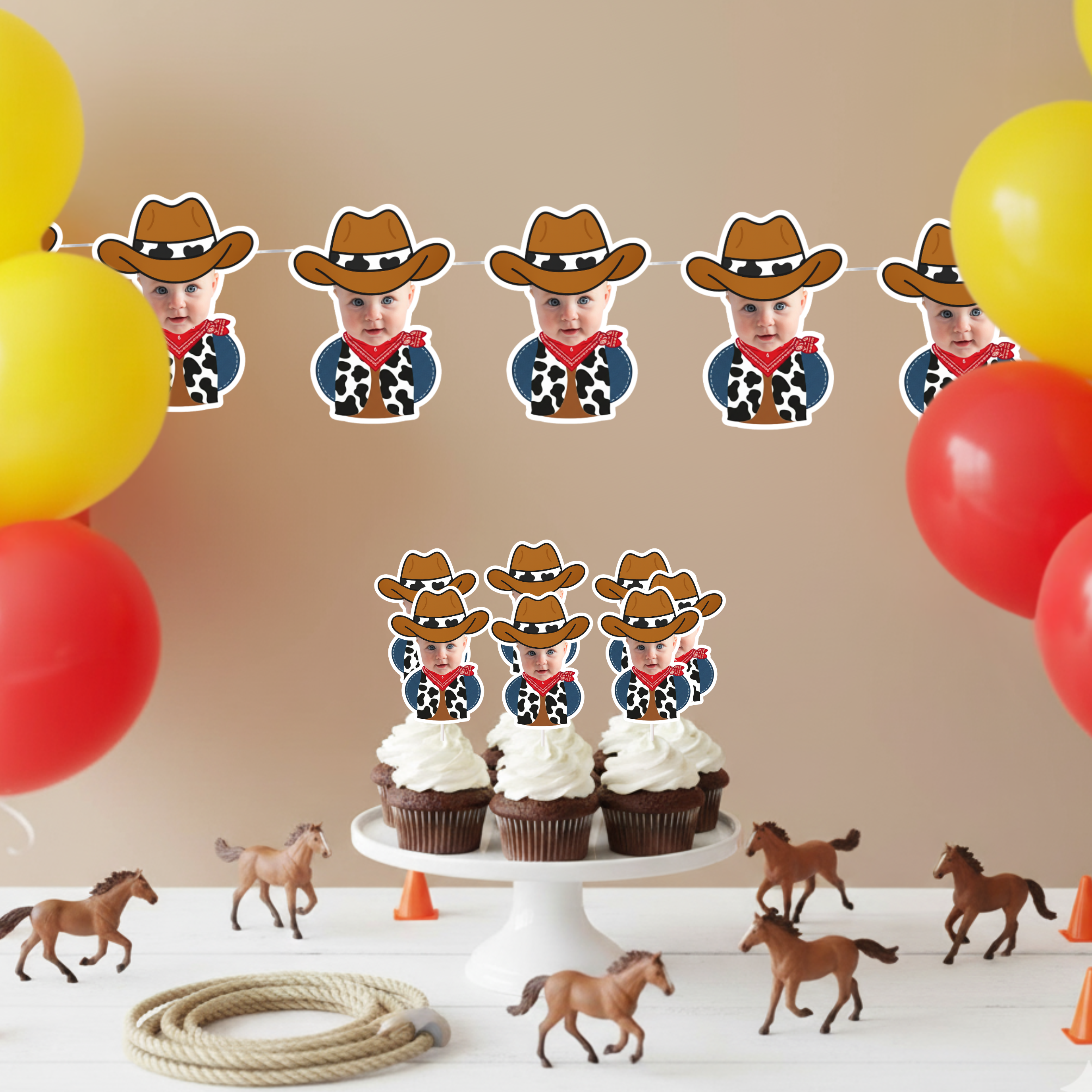 Western themed birthday display featuring personalized cowboy baby photo banner with matching cupcake toppers arranged on cake stand with balloons, toy horses, and rope accents. Perfect for cowboy first birthday celebrations, wild west party décor, rodeo themed baby milestone events, and country western dessert tables. Custom photo decorations designed for cohesive western party styling.