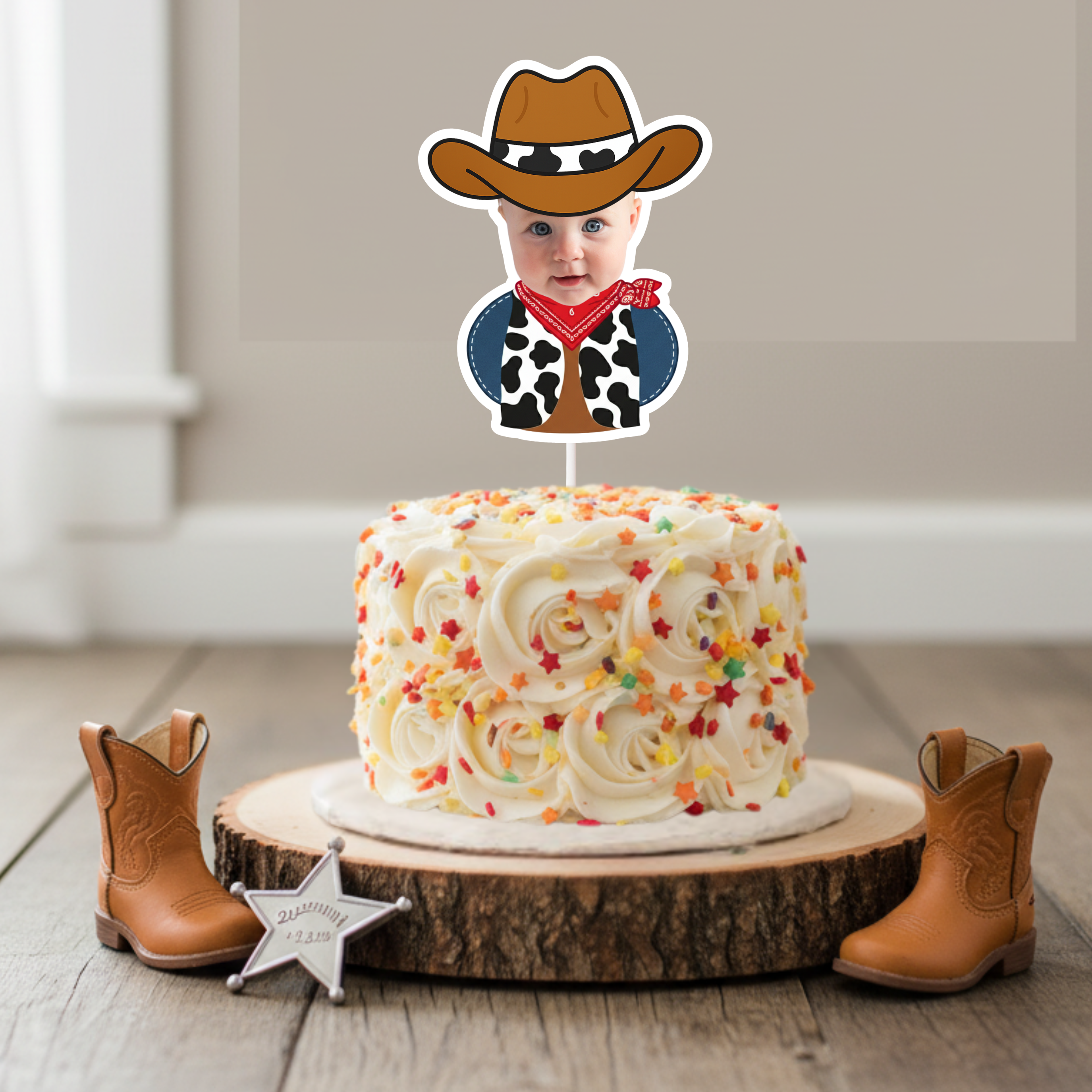 Personalized cowboy baby photo cake topper displayed on buttercream smash cake with colorful sprinkles and rustic wood base, styled with miniature cowboy boots and sheriff badge décor. Ideal for cowboy first birthday parties, rodeo themed smash cake photos, wild west baby celebrations, and western milestone birthday décor. Custom child photo cake decoration for country themed events.