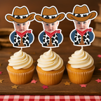 Personalized cowboy baby photo cupcake toppers arranged on frosted cupcakes with western star confetti and rustic wood backdrop. Featuring infant face in cowboy hat and red bandana, ideal for wild west birthdays, rodeo themed baby parties, cowboy first birthday celebrations, and country western dessert tables. Custom photo cupcake decorations for barnyard and western party décor.