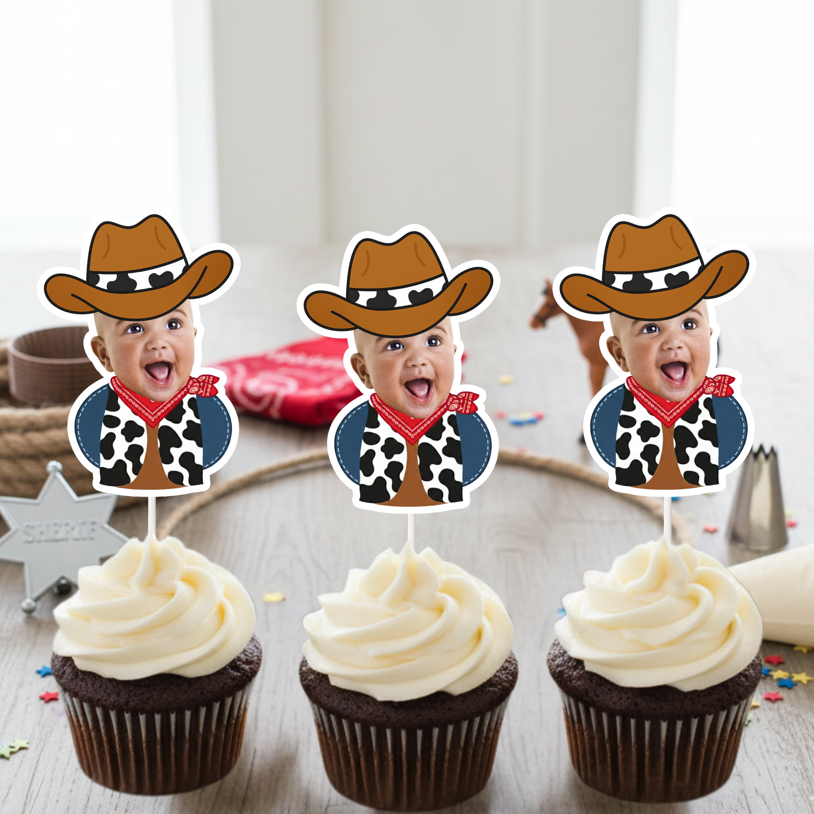 Set of personalized cowboy baby face cupcake toppers displayed on chocolate cupcakes with white frosting, featuring infant photo with cowboy hat and red bandana styling. Ideal for wild west birthday parties, rodeo themed baby showers, country first birthdays, and western dessert table decorations. Custom photo cupcake decorations for barnyard and cowboy themed celebrations.