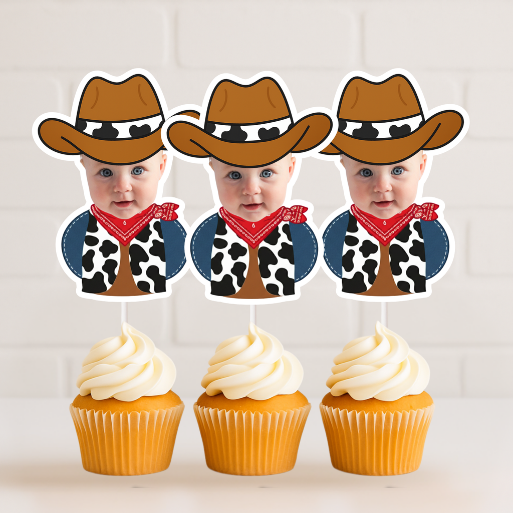 Trio of personalized cowboy baby photo cupcake toppers featuring infant wearing brown cowboy hat and red bandana, styled on vanilla cupcakes with white frosting. Perfect for wild west birthday parties, cowboy first birthday celebrations, rodeo baby showers, and western dessert table setups. Custom child face cupcake decorations for country themed milestone events.