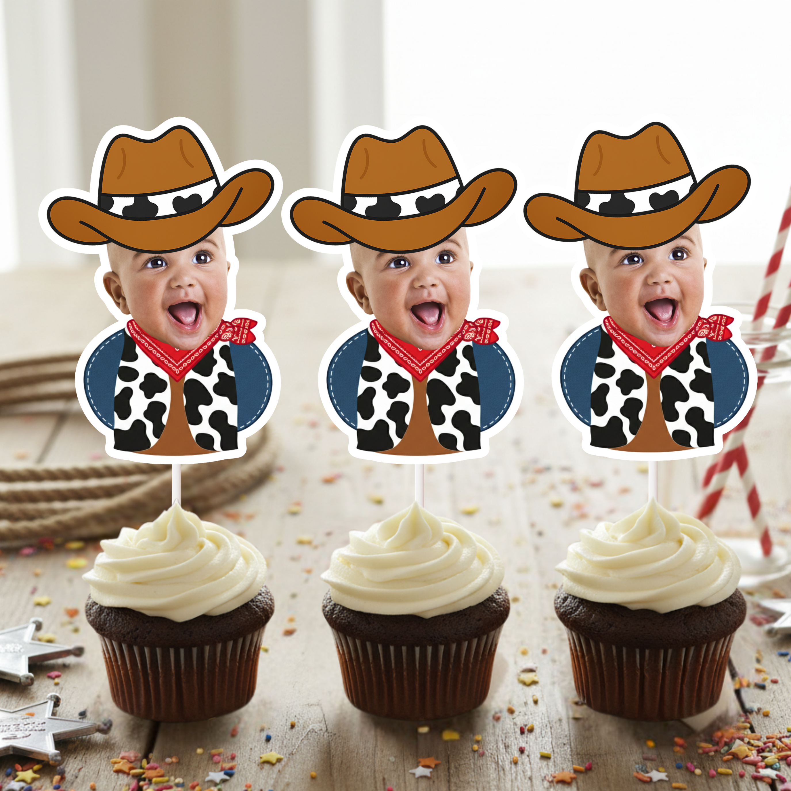 Personalized cowboy baby face cupcake toppers displayed on frosted cupcakes with rope and red straw party accents, featuring infant photo in cowboy hat and red bandana. Perfect for rodeo themed birthdays, wild west baby showers, cowboy first birthday celebrations, and rustic western dessert table décor. Custom child photo cupcake picks for country party styling.