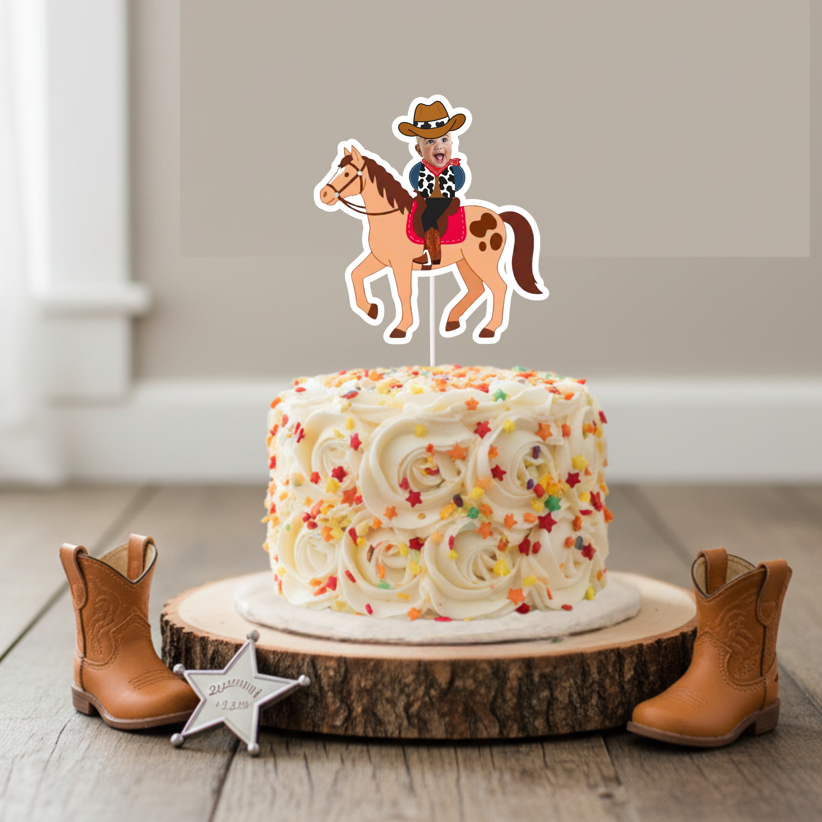 Personalized cowboy horse cake topper with baby photo rider displayed on buttercream smash cake with sprinkles and rustic wood stand. Ideal for cowboy first birthday parties, wild west celebrations, rodeo themed cake décor, and country western milestone events. Perfect for smash cake photos and western dessert table centerpieces.