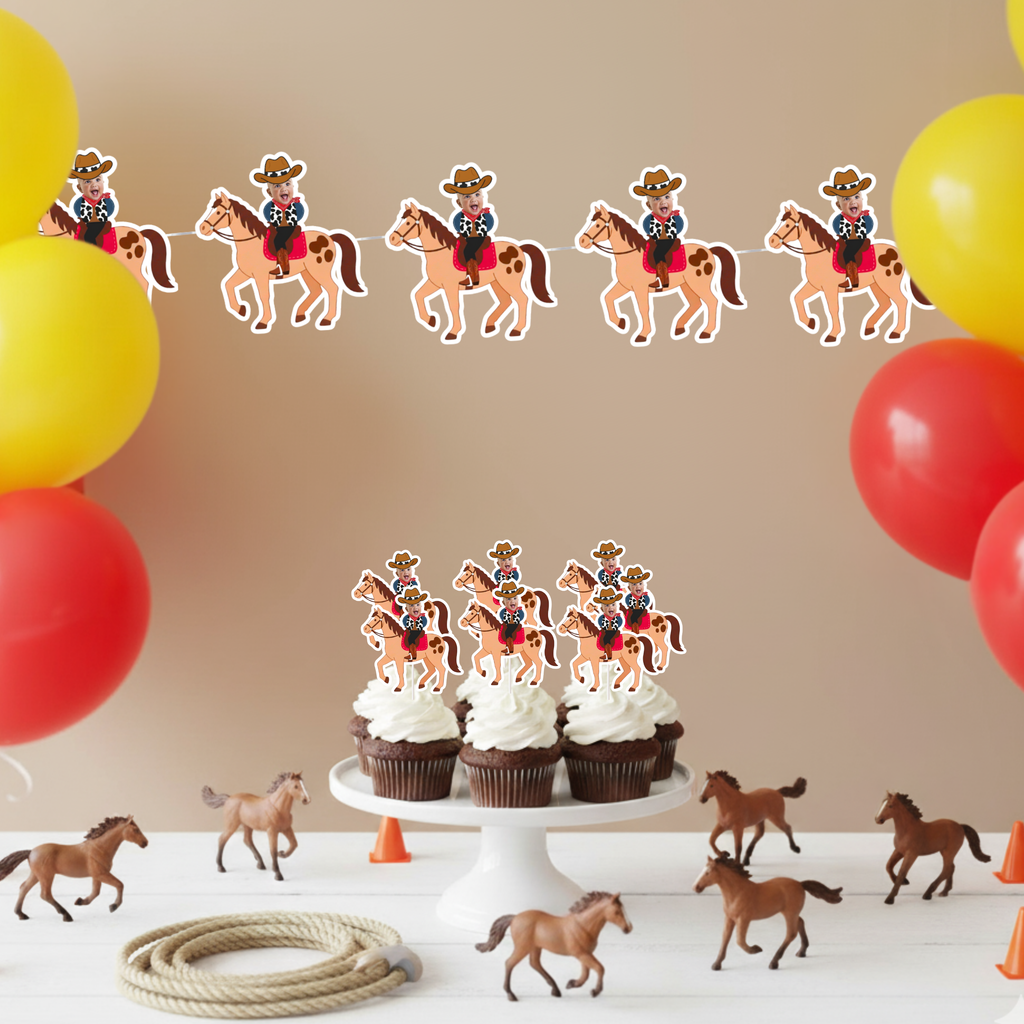 Cowboy horse themed birthday banner with matching cupcake toppers featuring personalized baby photo riders under yellow and orange balloon décor. Perfect for wild west birthday parties, rodeo celebrations, cowboy baby showers, and western themed first birthdays. Ideal for dessert tables, party backdrops, and barnyard décor styling.