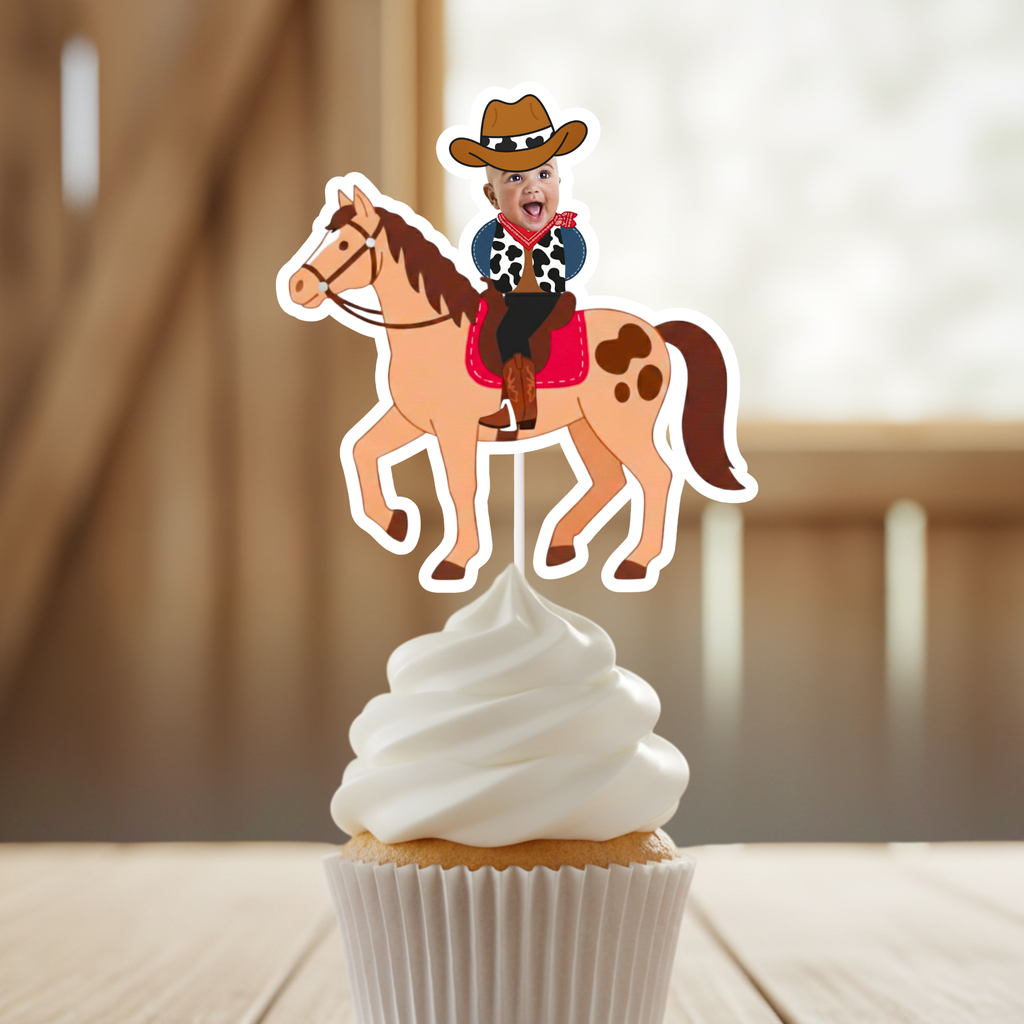 Personalized cowboy horse cupcake topper featuring a baby photo riding a western pony with brown hat, red bandana, and cow print vest, styled on a frosted cupcake. Perfect for cowboy first birthday parties, wild west baby showers, rodeo themed celebrations, and country western dessert tables. Ideal for smash cake photos, barnyard party décor, and western milestone birthdays.