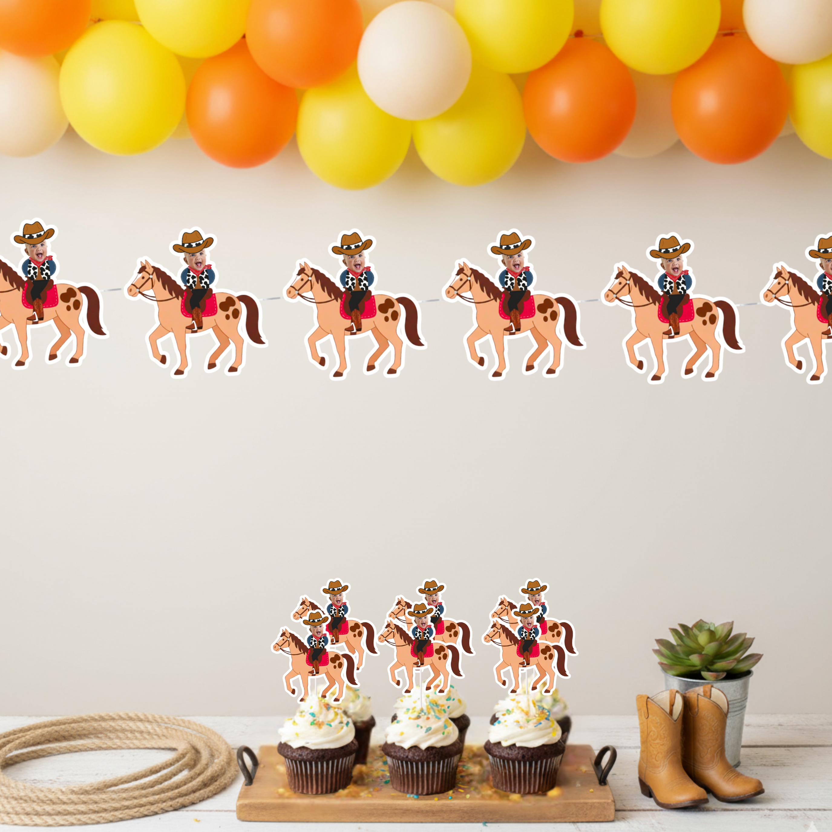 Personalized cowboy horse cupcake toppers featuring baby photo riders styled on vanilla cupcakes with western party accents and star confetti. Perfect for wild west birthdays, rodeo baby showers, cowboy first birthday themes, and barnyard celebrations. Designed for dessert tables and coordinated western party décor.