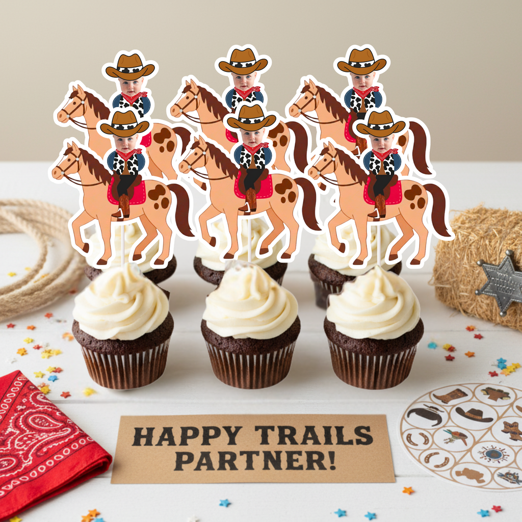 Personalized cowboy horse cupcake toppers arranged above “Happy Trails Partner” party décor with red bandana accents and western props. Perfect for wild west birthday parties, cowboy first birthdays, rodeo celebrations, and barnyard themed events. Great for dessert table displays and coordinated western party decorations.