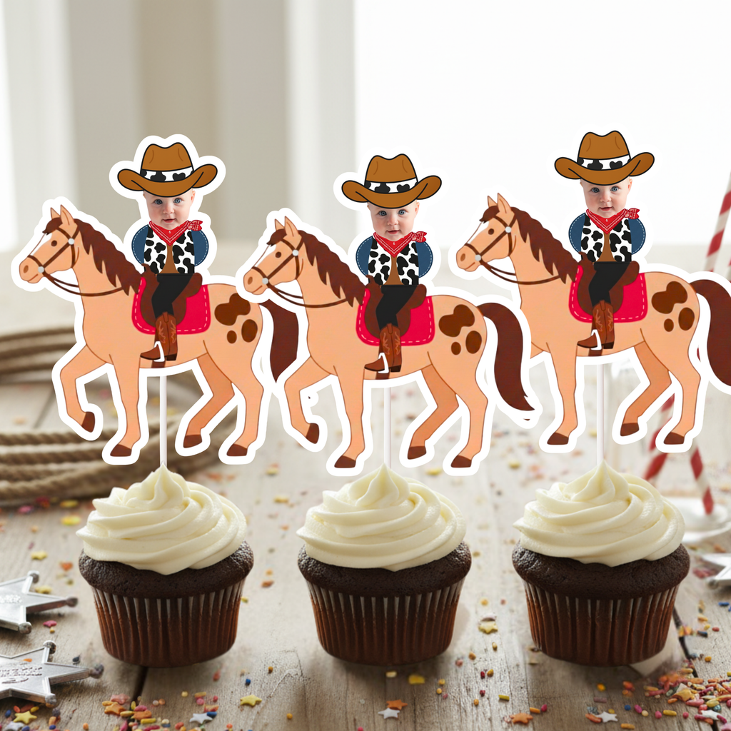 Set of cowboy horse cupcake toppers featuring custom baby photo riders with brown hats and red saddle details on frosted cupcakes. Ideal for western birthday parties, wild west baby showers, rodeo themes, and country milestone celebrations. Perfect for rustic dessert tables and coordinated cowboy party supplies.