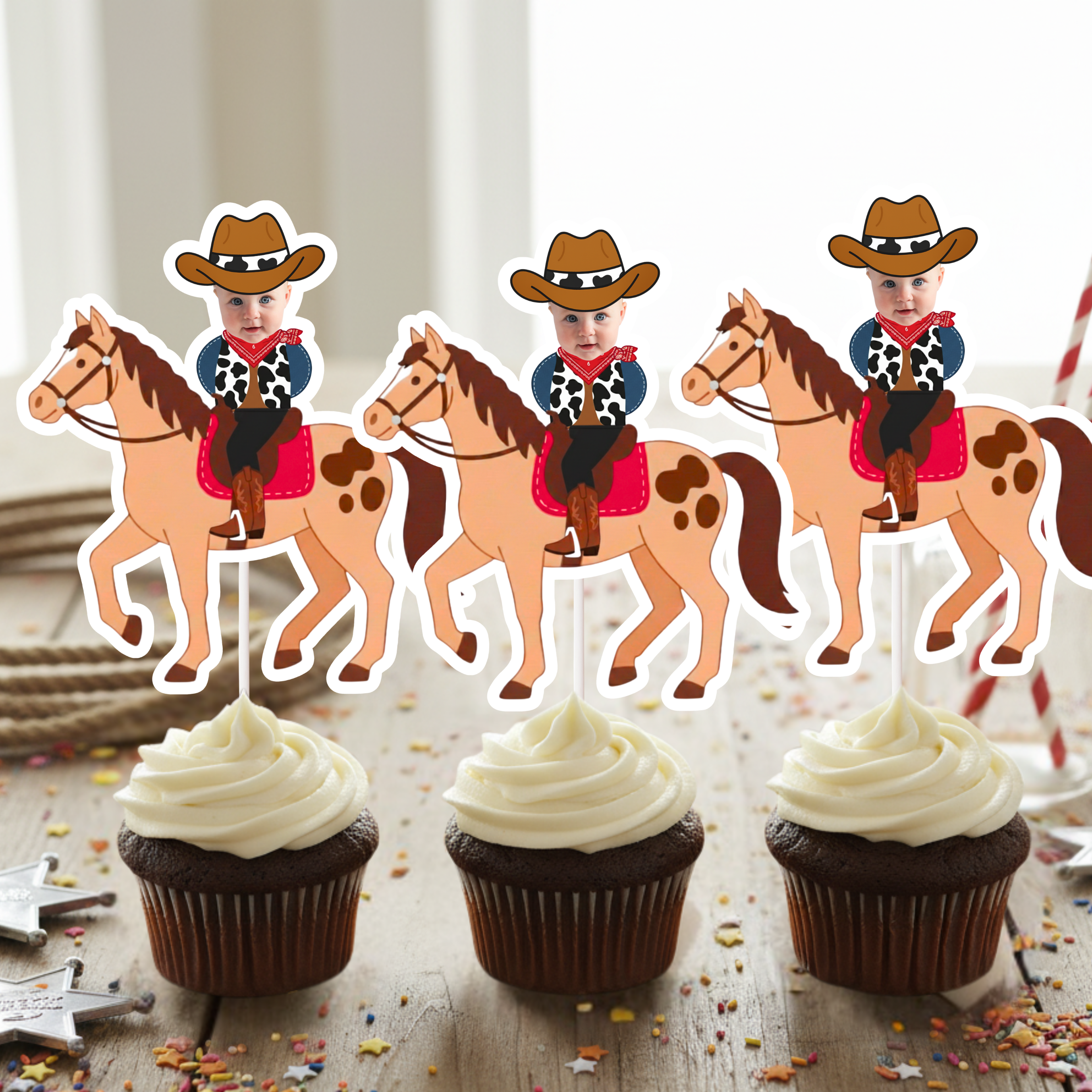 Set of cowboy horse cupcake toppers featuring custom baby photo riders with brown hats and red saddle details on frosted cupcakes. Ideal for western birthday parties, wild west baby showers, rodeo themes, and country milestone celebrations. Perfect for rustic dessert tables and coordinated cowboy party supplies.
