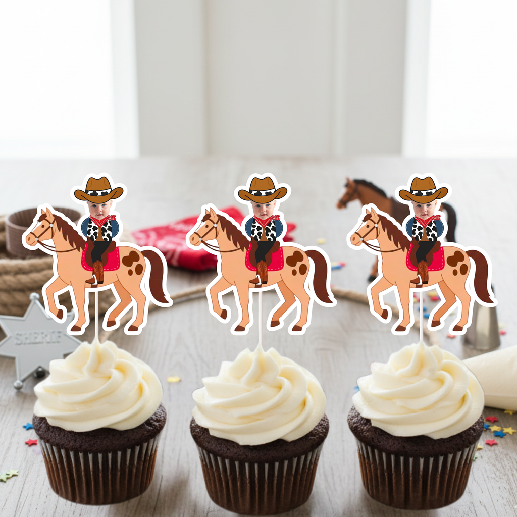 Set of personalized cowboy horse cupcake toppers featuring custom baby photo riders with western hats and red saddle accents on chocolate cupcakes. Ideal for cowboy birthday parties, wild west first birthdays, rodeo baby showers, and country themed dessert tables. Great for western smash cake setups and coordinated cowboy party supplies.