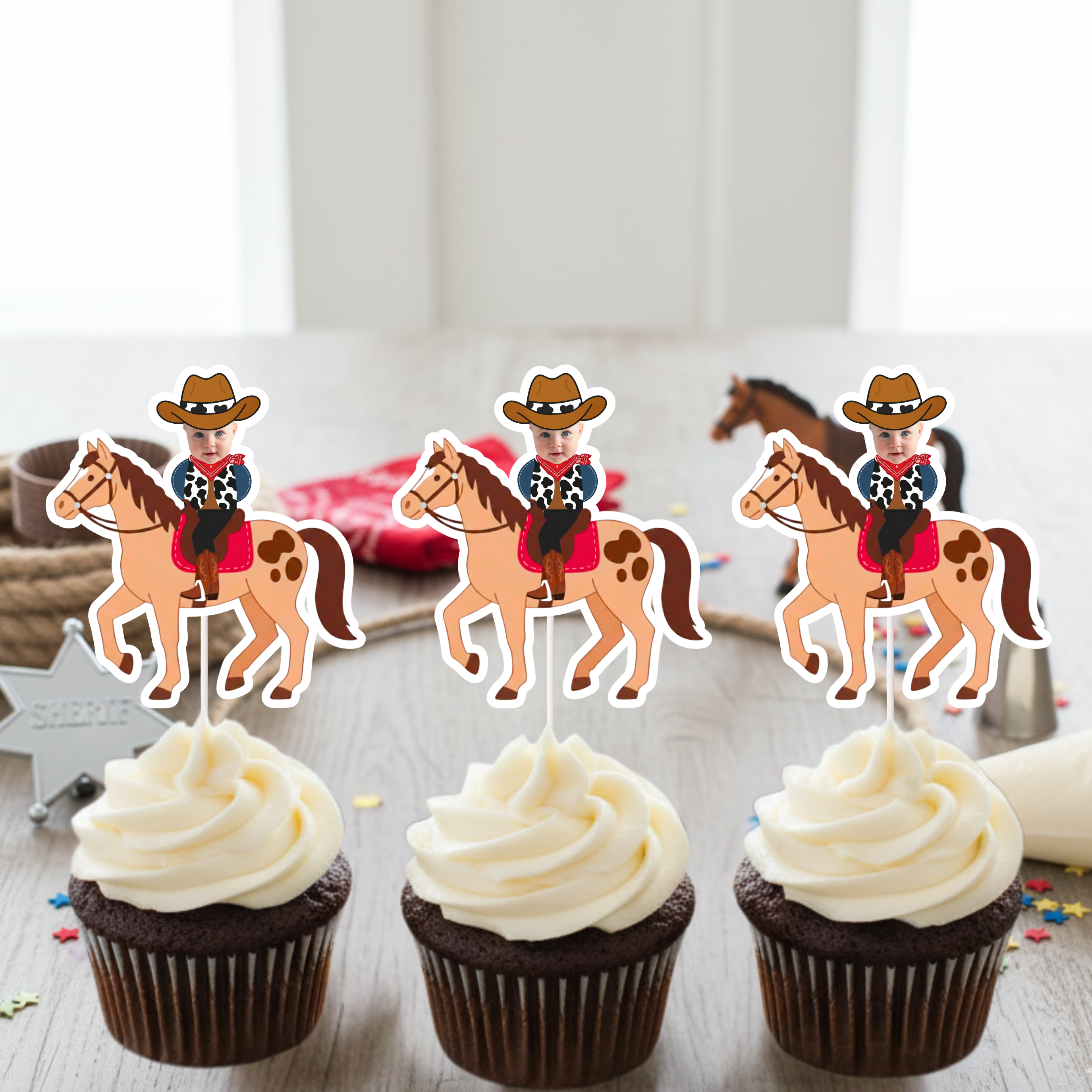 Set of personalized cowboy horse cupcake toppers featuring custom baby photo riders with western hats and red saddle accents on chocolate cupcakes. Ideal for cowboy birthday parties, wild west first birthdays, rodeo baby showers, and country themed dessert tables. Great for western smash cake setups and coordinated cowboy party supplies.