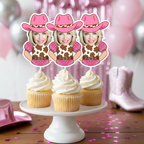 Personalized cowgirl photo cupcake toppers styled on frosted cupcakes with pink western bachelorette party decor. Custom pink cowgirl hat and western outfit face toppers perfect for Nashville bachelorette weekends, disco cowgirl themes, bride squad celebrations, adult woman birthday pink birthdays, and last rodeo bridal parties. A fun and flirty western party decoration designed for adult birthdays, girls trips, and country themed bridal showers.