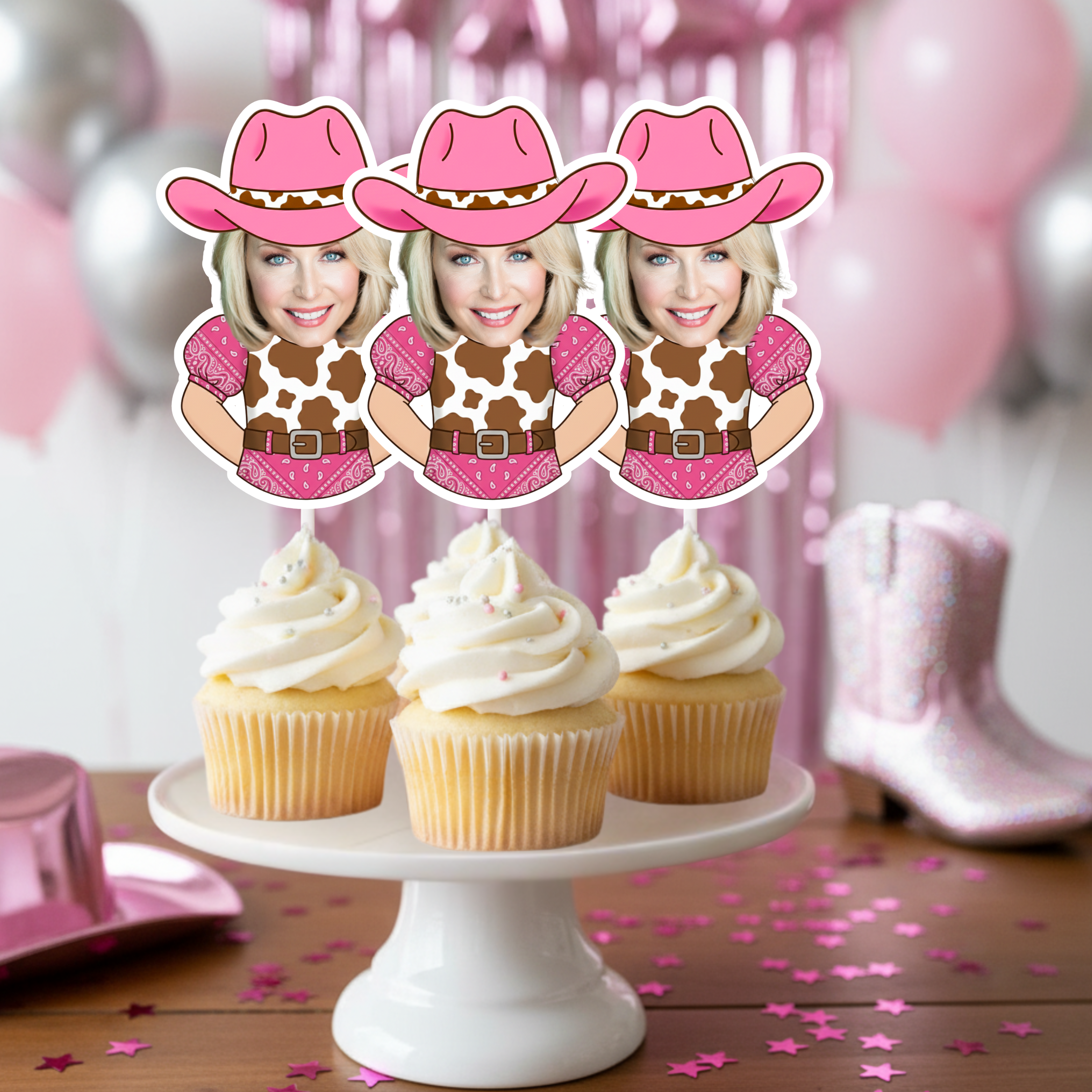 Personalized cowgirl photo cupcake toppers styled on frosted cupcakes with pink western bachelorette party decor. Custom pink cowgirl hat and western outfit face toppers perfect for Nashville bachelorette weekends, disco cowgirl themes, bride squad celebrations, adult woman birthday pink birthdays, and last rodeo bridal parties. A fun and flirty western party decoration designed for adult birthdays, girls trips, and country themed bridal showers.