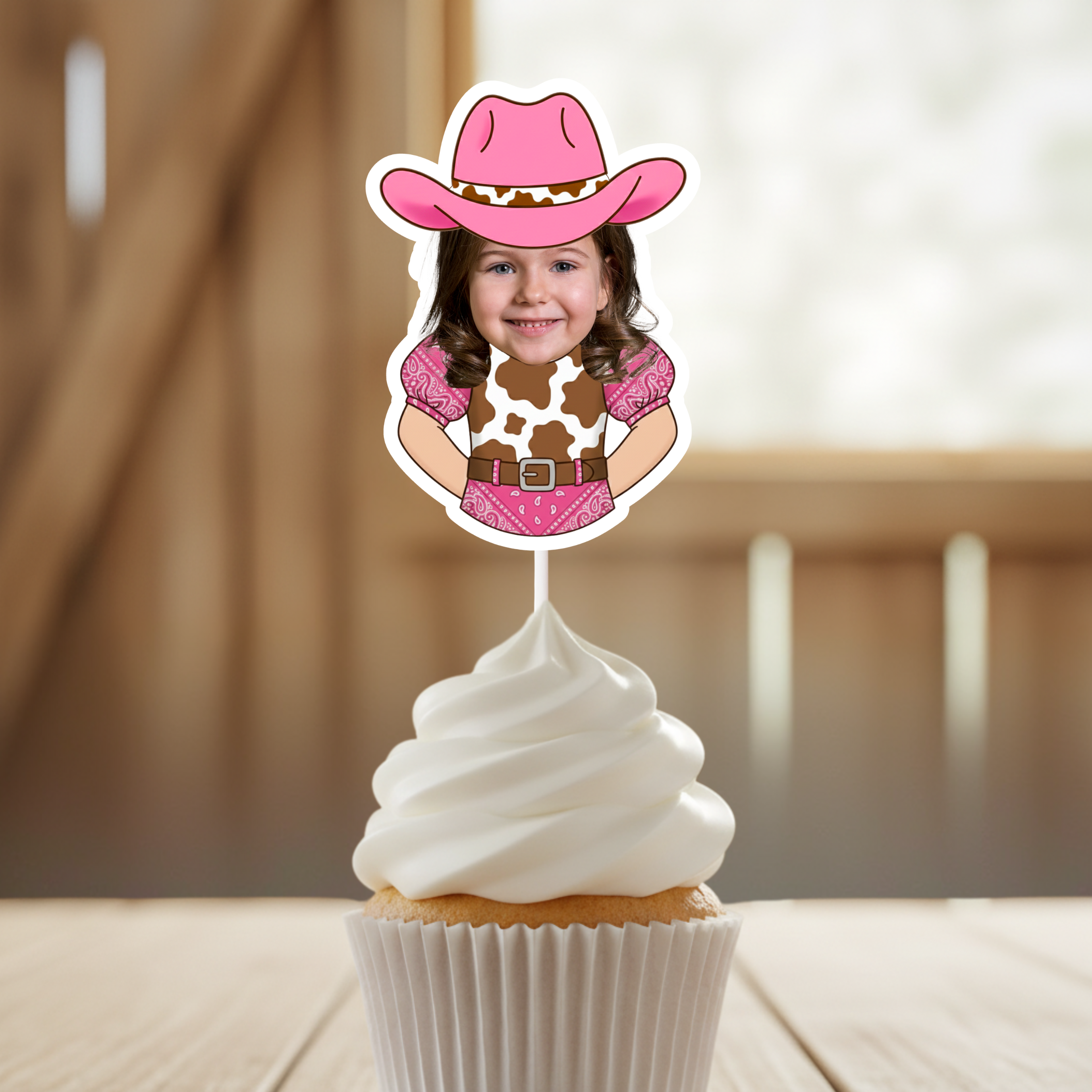 Personalized pink cowgirl cupcake topper featuring custom photo face and western cowgirl outfit, styled on a frosted cupcake with warm rustic background. Perfect for adult cowgirl birthday parties, Nashville themed celebrations, disco cowgirl events, and country western girls night dessert tables. A fun custom rodeo party decoration designed for milestone birthdays and western themed gatherings.