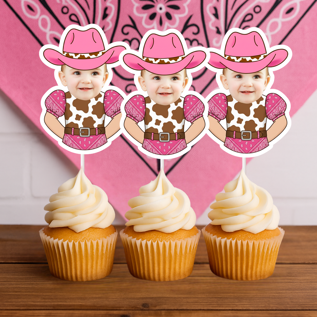 Custom Cowgirl Face Cupcake Toppers - Personalized Photo Party Decor for Rodeo Birthdays, Nashville Bachelorettes, & Western Celebrations