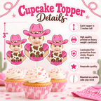 Personalized cowgirl photo cupcake topper details showing each topper is three inches tall printed on heavyweight cardstock laminated for protection mounted on a white cake pop stick and made as a keepsake quality party decoration
