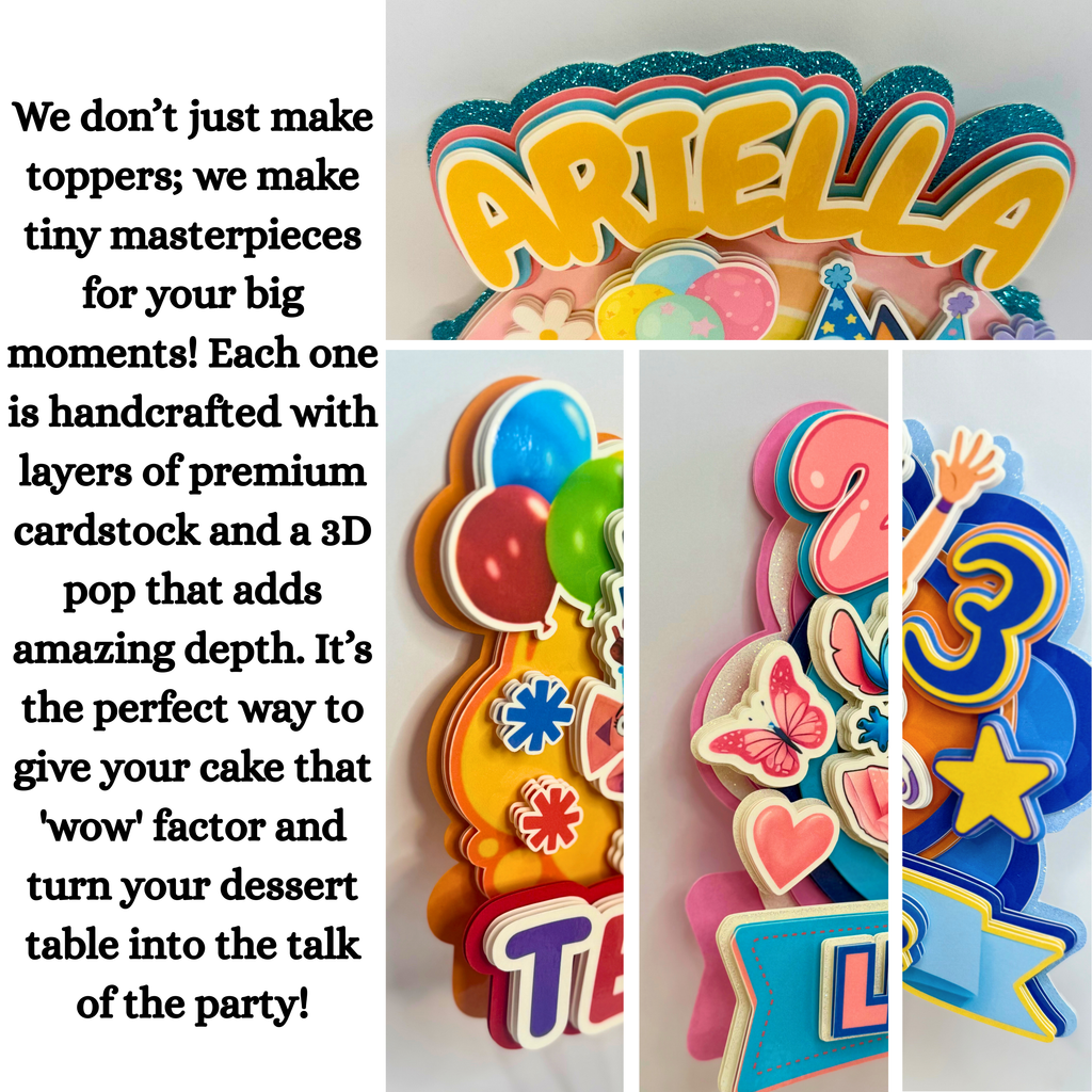 Close-up of a colorful custom 3D layered birthday cake topper showing premium cardstock layers, shaker elements, and dimensional design details that create a personalized statement centerpiece for a birthday cake. 3D cake topper showing dimensional foam mounting and premium cardstock depth