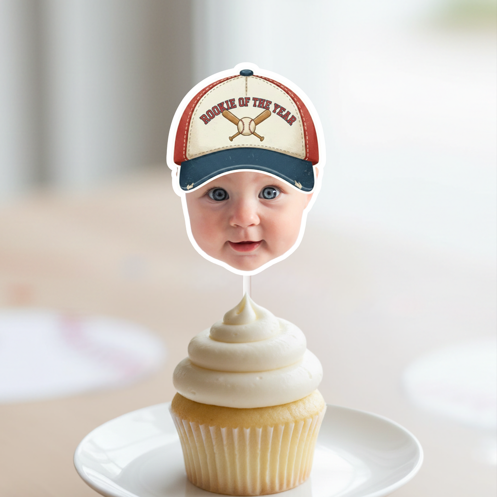 Custom baseball first birthday face cupcake topper featuring baby photo with vintage baseball cap on vanilla smash cake cupcake, ideal for Rookie of the Year first birthday photos, sports theme cake decor and milestone celebration.