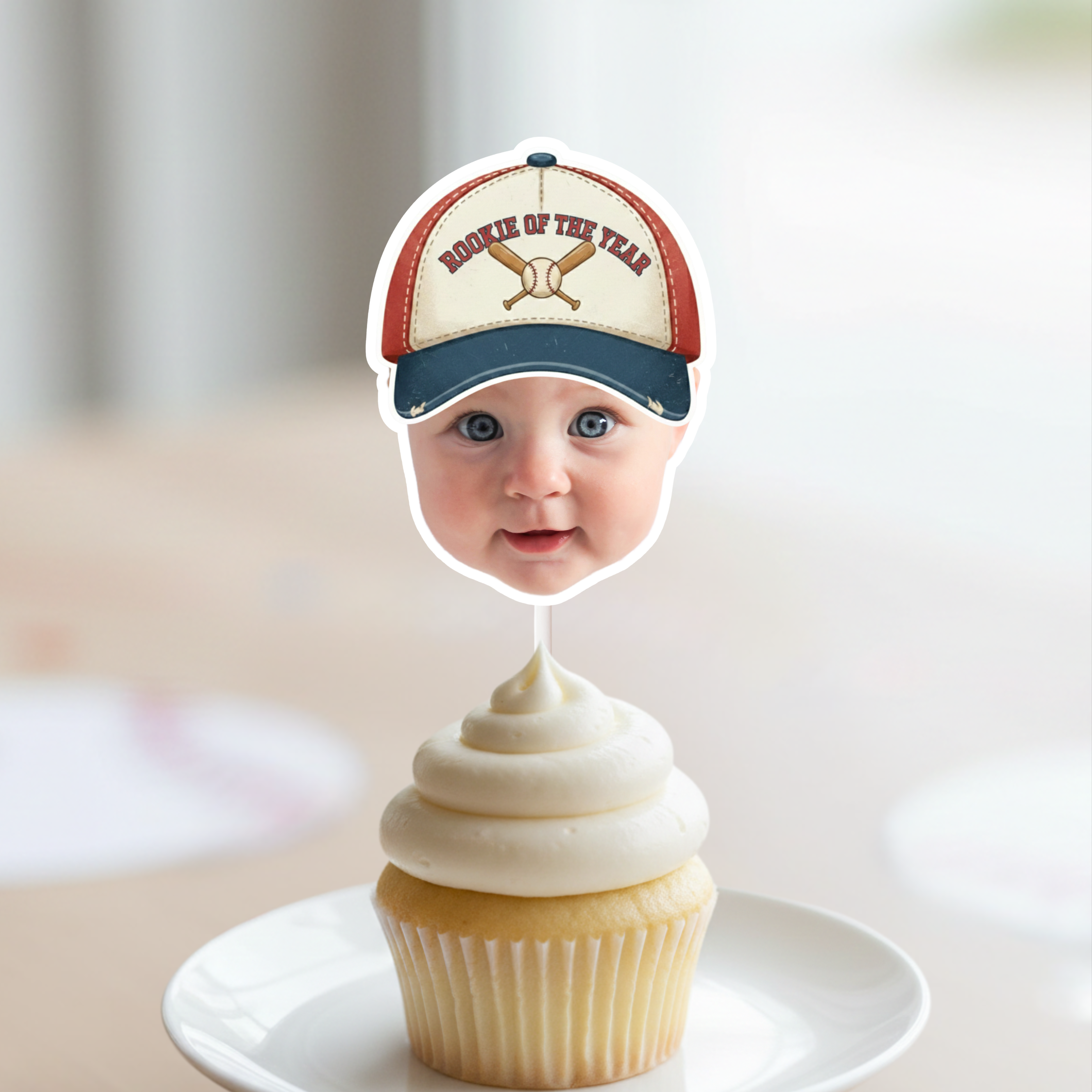 Custom baseball first birthday face cupcake topper featuring baby photo with vintage baseball cap on vanilla smash cake cupcake, ideal for Rookie of the Year first birthday photos, sports theme cake decor and milestone celebration.