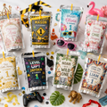Custom birthday party juice pouch label design options featuring princess construction pool party gaming safari circus and fully personalized party themes.