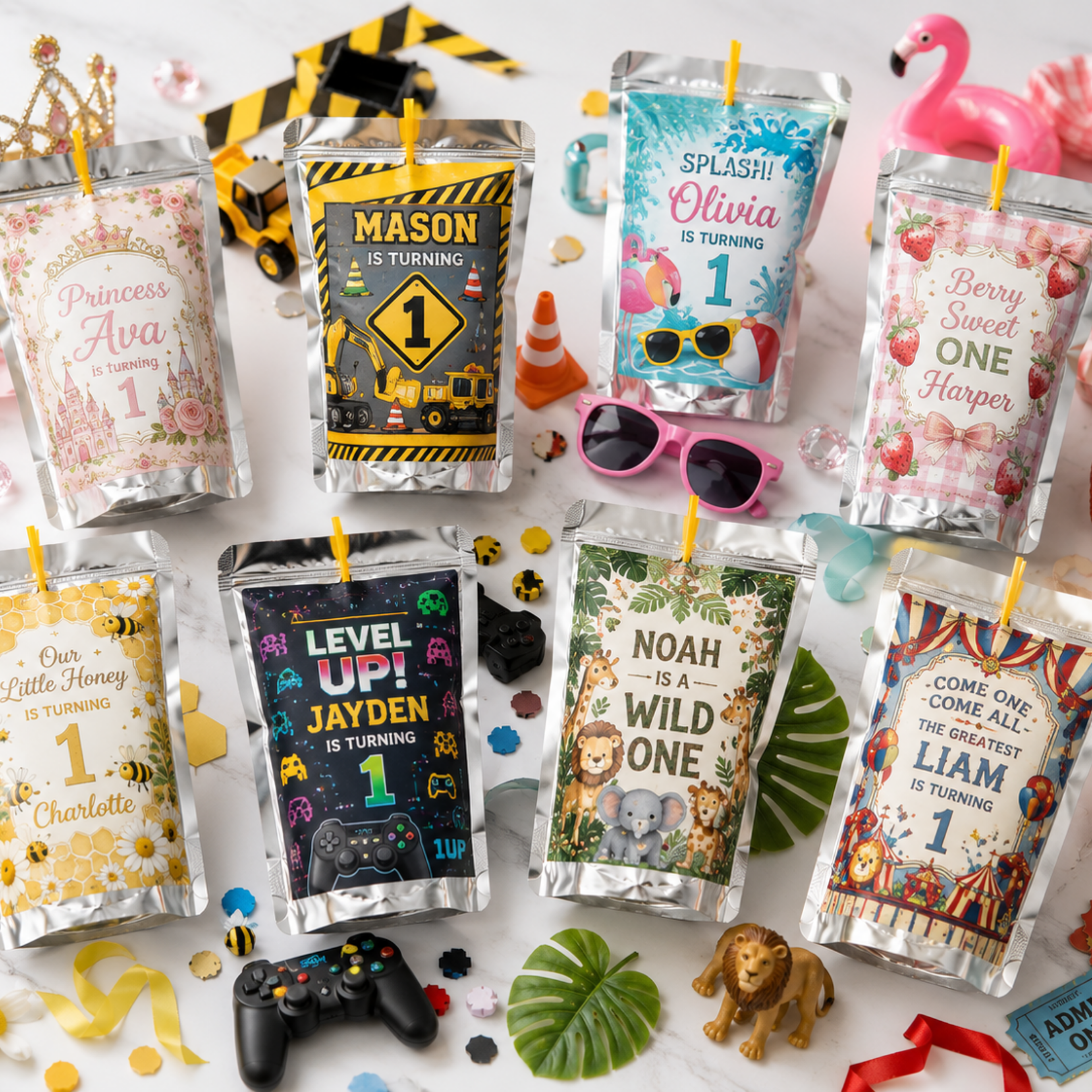 Custom birthday party juice pouch label design options featuring princess construction pool party gaming safari circus and fully personalized party themes.