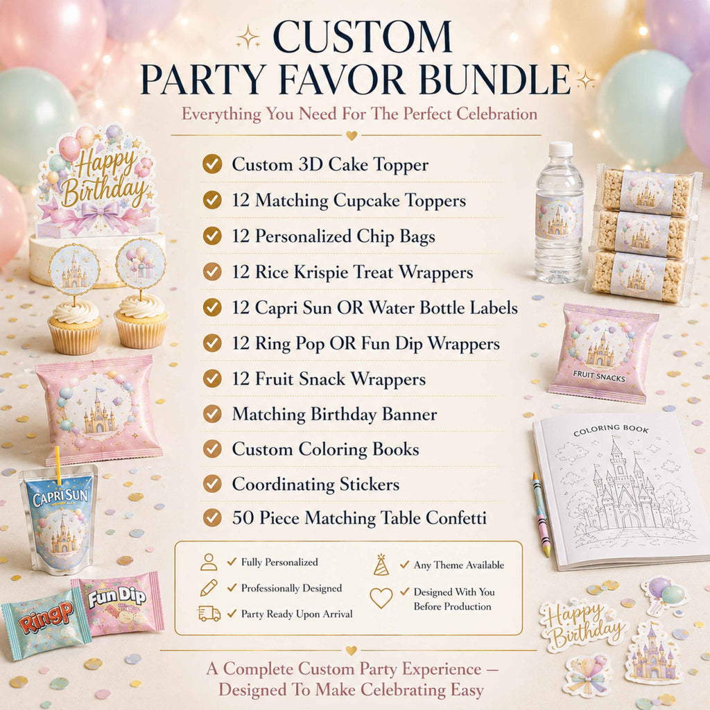 Custom birthday party favor bundle package showing included personalized party supplies including custom cake topper, cupcake toppers, chip bags, rice krispie treat wrappers, Capri Sun labels, water bottle labels, ring pop wrappers, fruit snack wrappers, birthday banner, coloring books, stickers, and matching table confetti for custom themed birthday parties