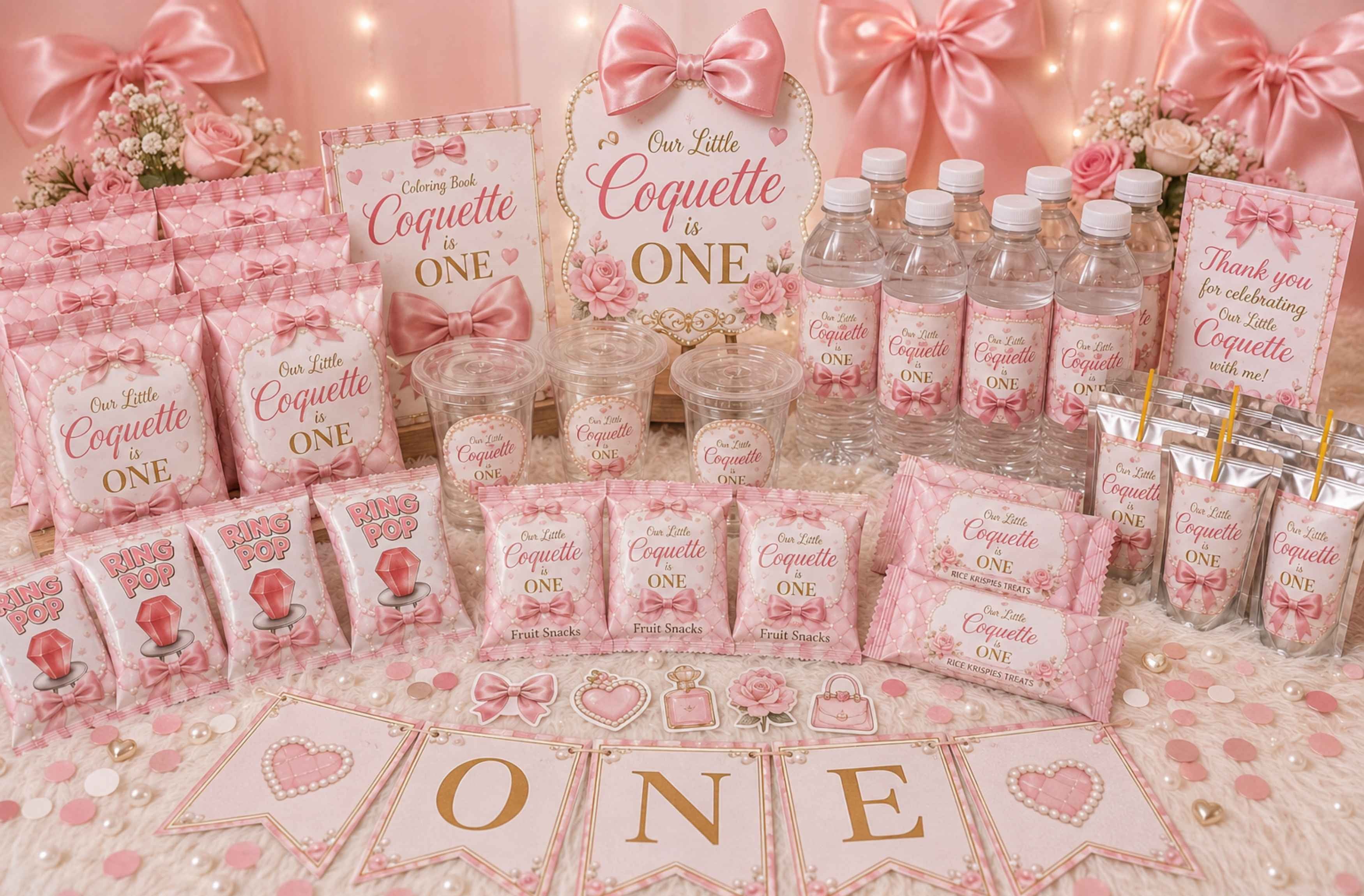 Luxury custom coquette birthday party favor bundle package featuring personalized chip bags, water bottle labels, ring pop wrappers, fruit snacks, rice krispie treats, party banner, coloring books, stickers, cupcake toppers, cake topper, and custom birthday decorations for girls first birthday parties